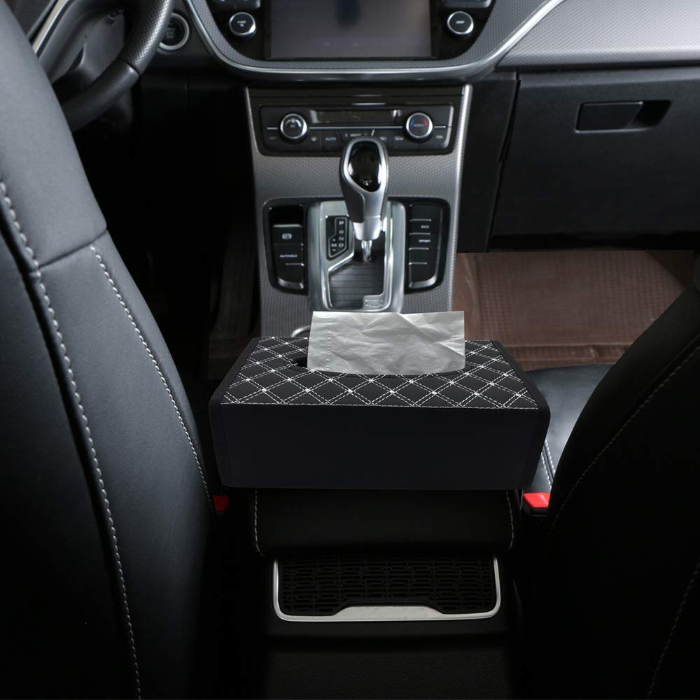 Premium PU Leather Car Tissue Box Holder - White & Black Auto Napkin Dispenser for Cars, Trucks & SUVs | Perfect for Road Trips, Commuting & Travel