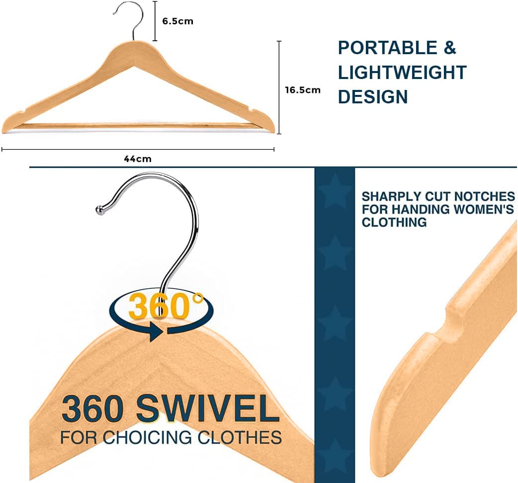 Premium Natural Wooden Coat Hangers - Strong Brown Non-Slip Hangers for Jackets, Pants & Coats with Shoulder Notches - Smooth Finish (Pack of 40) - Ideal for Closet Organization & Wardrobe Storage