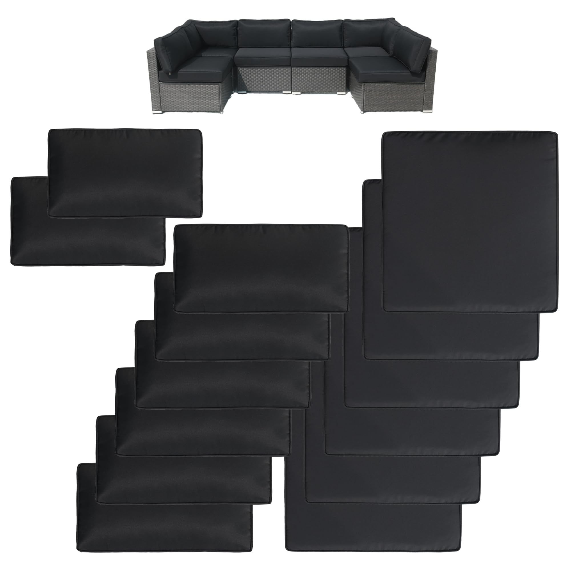 Waterproof Outdoor Patio Cushion Covers Set of 14 - Replacement Furniture Covers for Sofa, Chair & Bench - All Weather Durable UV Resistant - Black (Covers Only) - Perfect for Backyard, Deck & Poolside Lounging