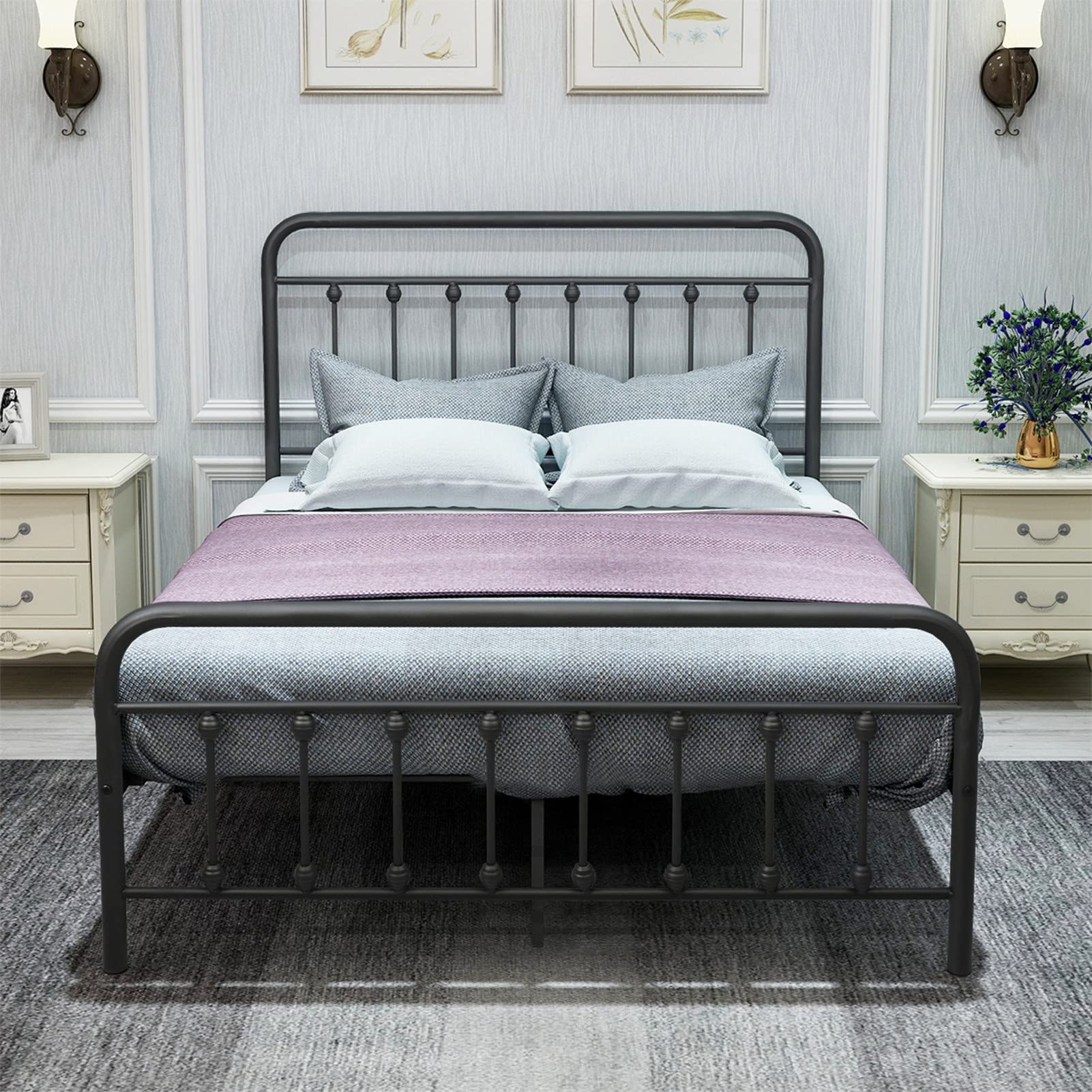 12 Inch Victorian Vintage Style Metal Platform Bed Frame with Headboard - High Stability Sturdy Steel Frame, Under Bed Storage Space - Perfect for Bedroom, Guest Room, Living Room & Small Spaces - Black