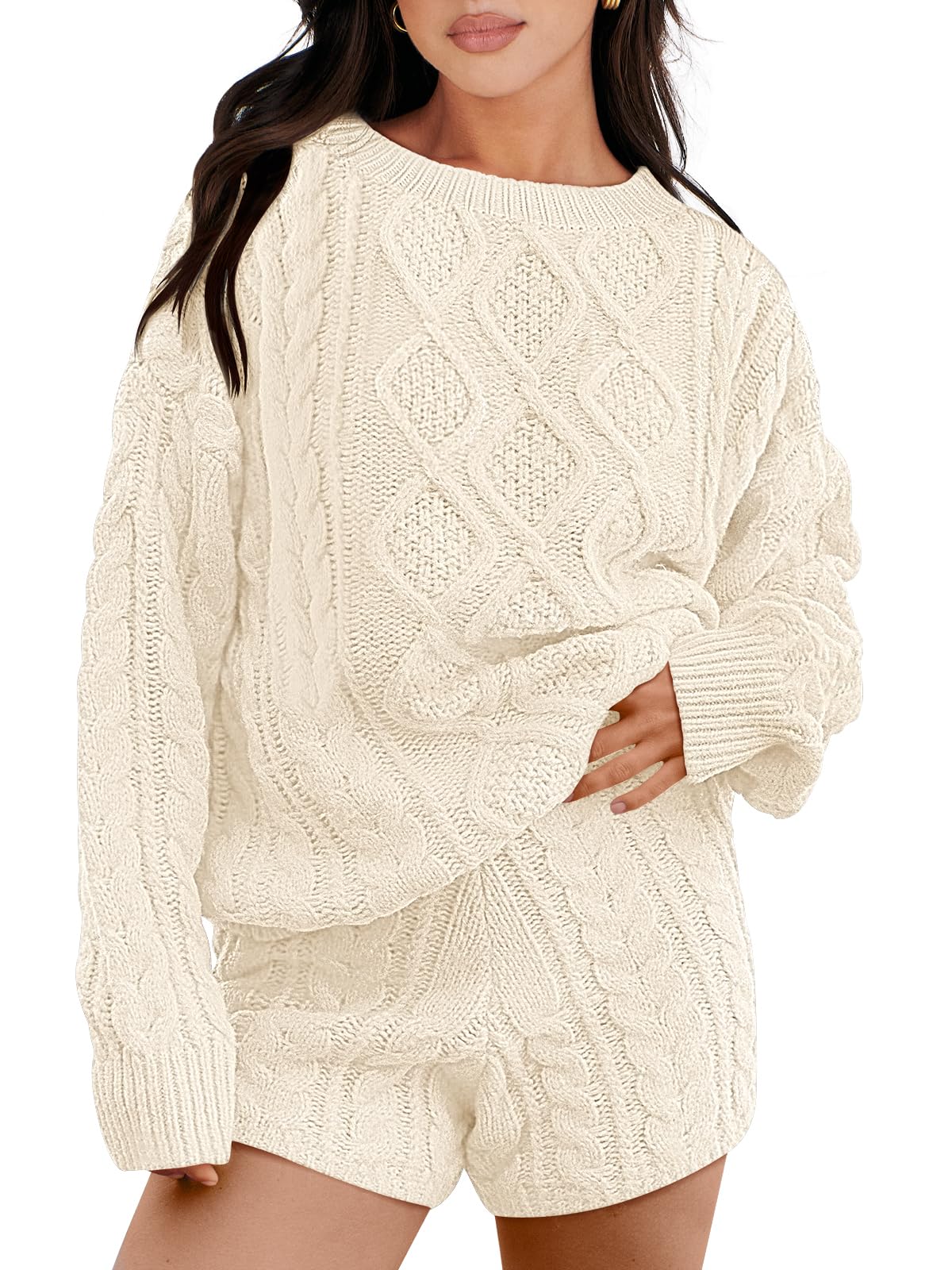 ANRABESS Women's 2-Piece Cable Knit Sweater Lounge Set - Oversized Fall Sweater & Shorts Matching Outfit | Cozy Loungewear for Home, Casual Wear & Autumn Fashion