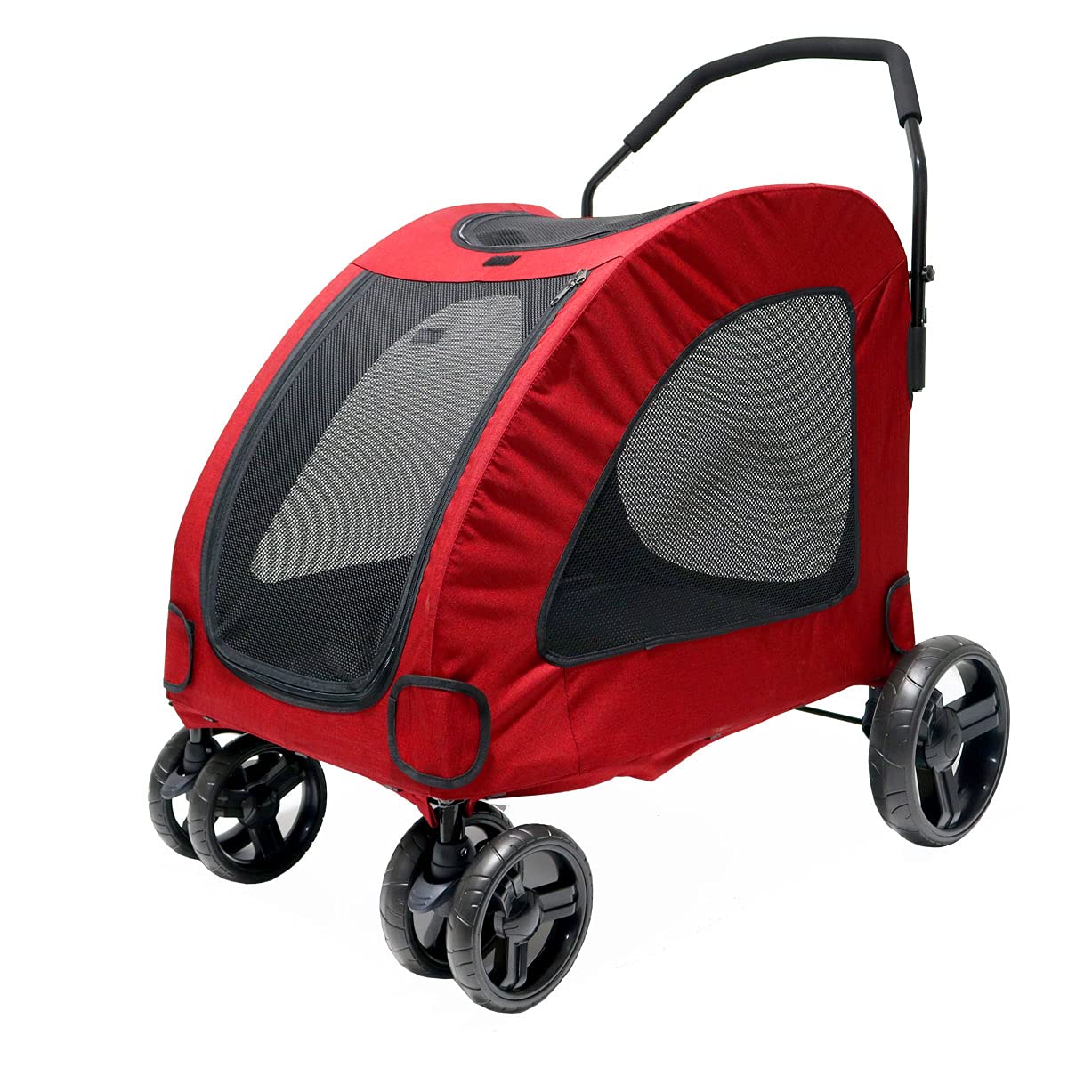 Foldable Pet Stroller for Dogs & Cats - Medium/Large Size with Rear Door, EVA Wheels, Brake System & Safety Leash | Travel Carrier with Mesh Windows (Red) | Perfect for Park Walks, Vet Visits & Outdoor Adventures