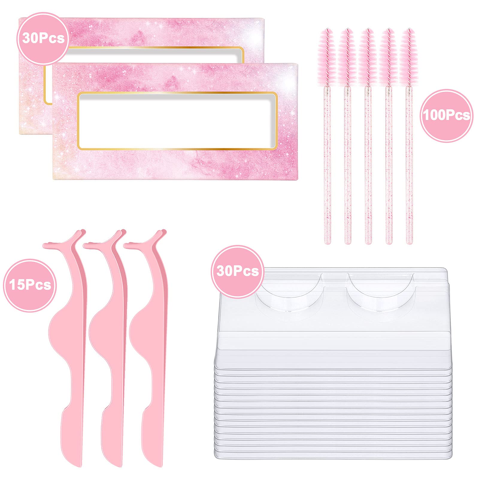 175-Piece False Eyelash Packaging Kit Wholesale - 30 Empty Lash Boxes, 30 Lash Trays, 15 Eyelash Tweezers & 100 Disposable Mascara Wands (Pink) - Perfect for Salon, Beauty Shop & DIY Lash Extension Business