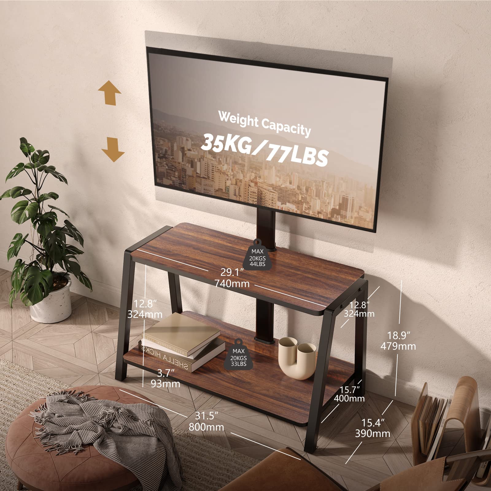FITUEYES Wooden TV Stand for 32-55 Inch TVs with Mount, 2-Tier Entertainment Center with Storage Shelf - Tall Corner TV Stand for Bedroom & Living Room, Supports Up to 77lbs - Perfect for Flat Screen TVs, Gaming Consoles & Home Theater Setup