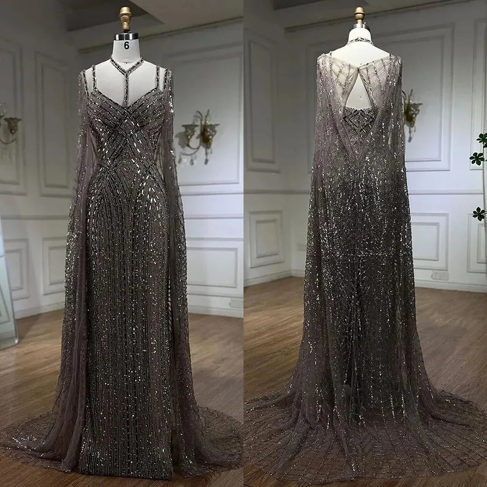Luxury Beaded Mermaid Evening Dress with Caramel Cape Sleeves - Elegant Women's Party Gown for Prom, Wedding & Formal Events - Serene Hill Collection LA72053