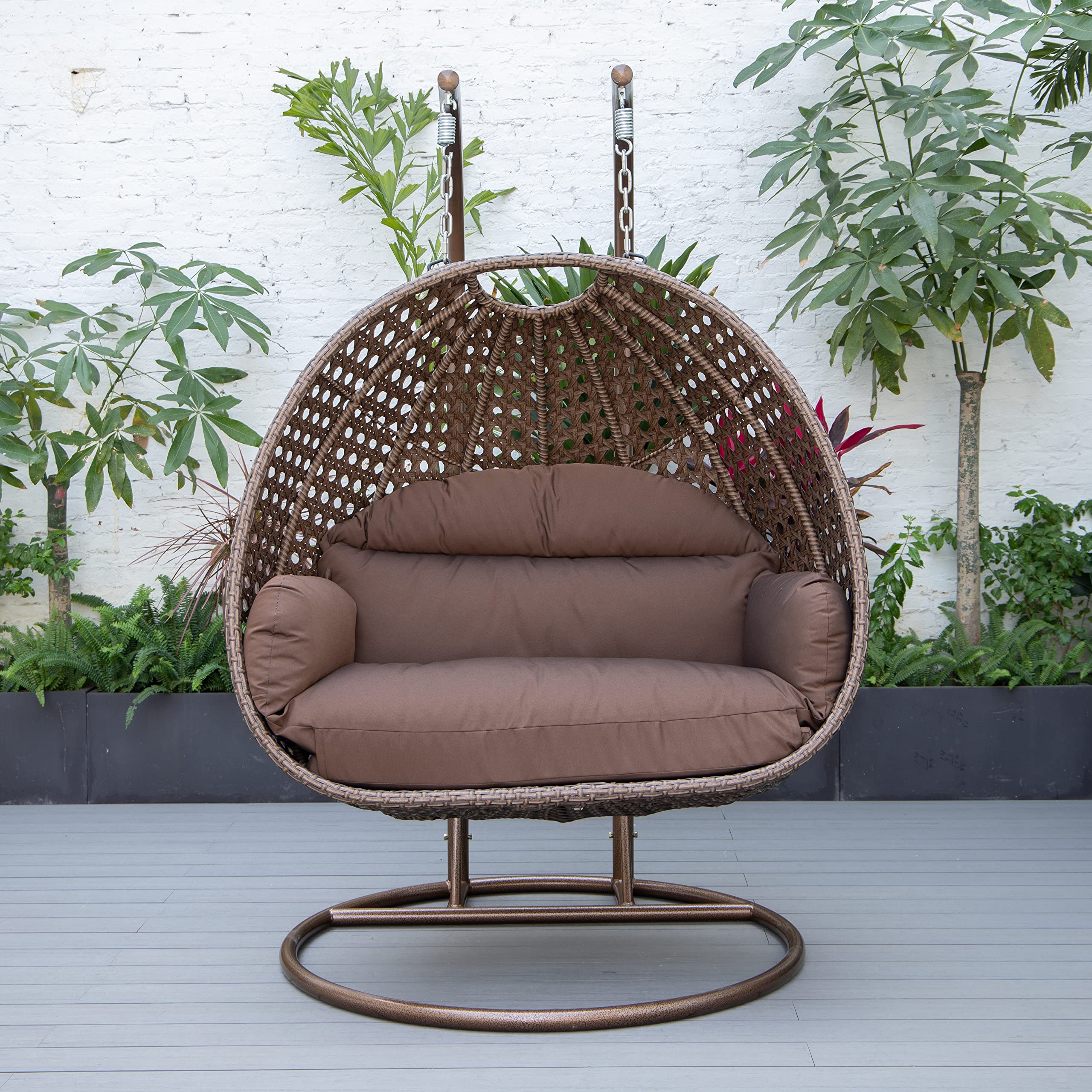LeisureMod Mendoza Dark Brown Wicker 2-Person Patio Hanging Egg Swing Chair with Stand & Cushions - Indoor/Outdoor Use for Garden, Porch, Backyard, and Balcony (Brown)