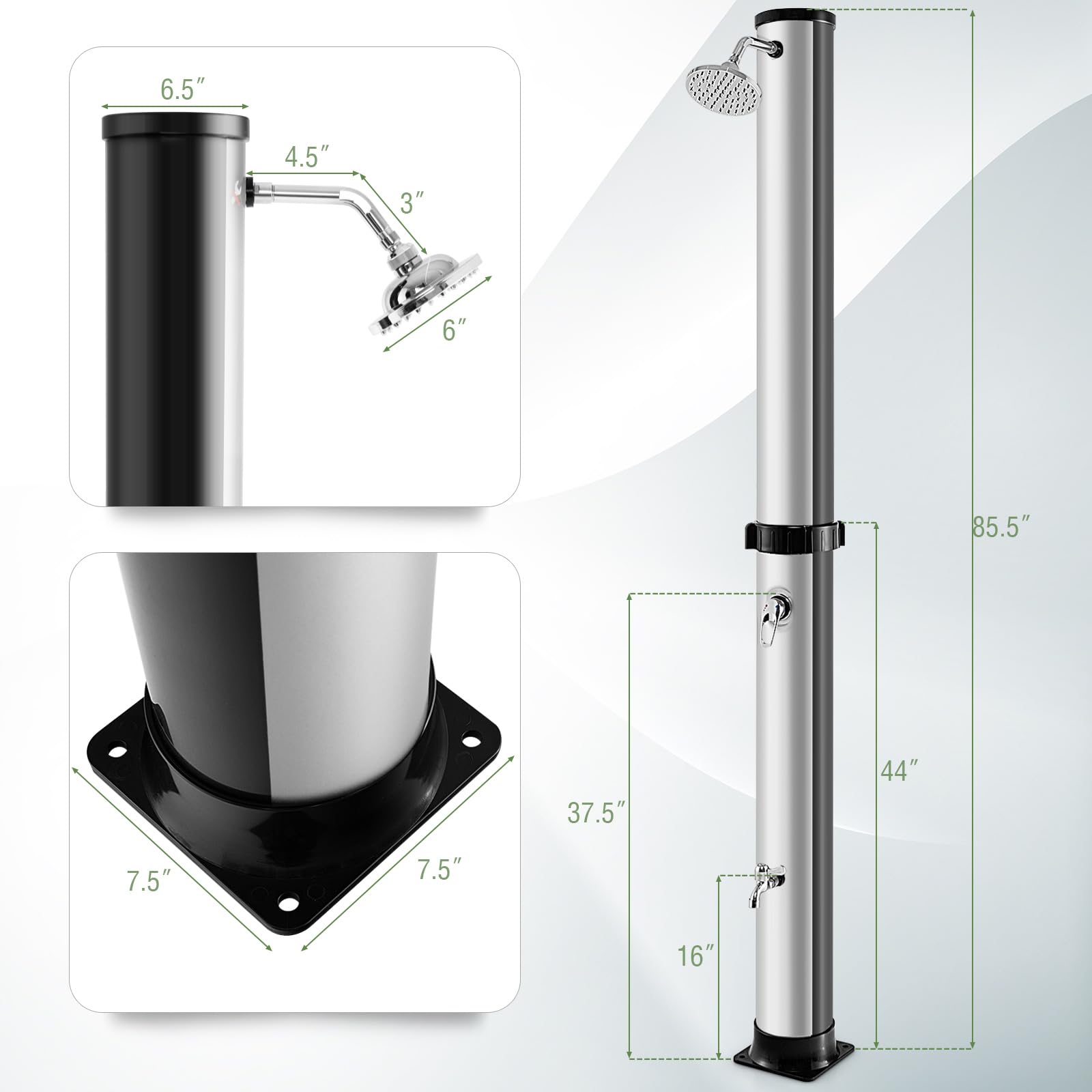 Goplus 10 Gallon Solar Heated Outdoor Shower - 7.2 FT Freestanding Garden & Pool Shower with Rotating Head, Temperature Control & Foot Wash - Perfect for Backyard, Beach, Camping & RV Use (Silver)
