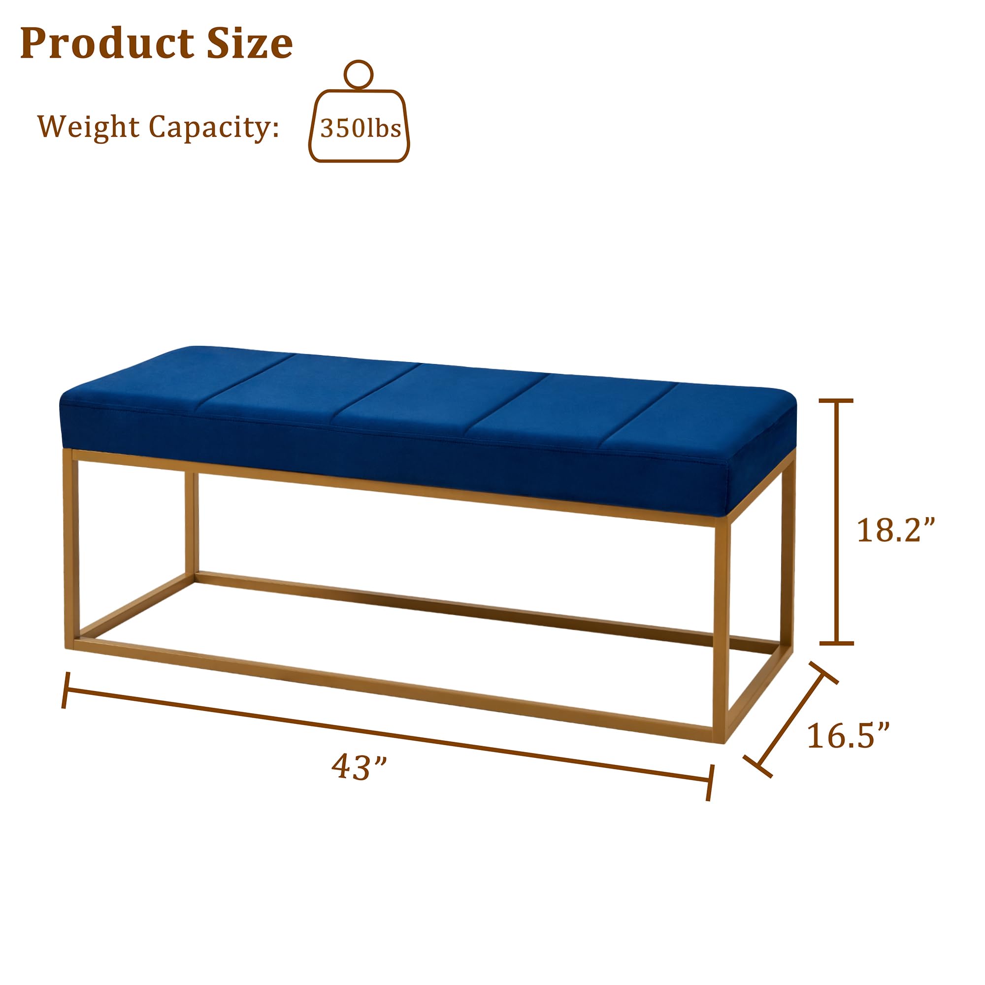 Velvet Upholstered Bench with Tufted Channel Design - Modern Bedroom, Living Room & Dining Room Bench with Padded Seat & Sturdy Metal Frame (Navy Blue) - Perfect for Bed End, Entryway Seating & Home Decor
