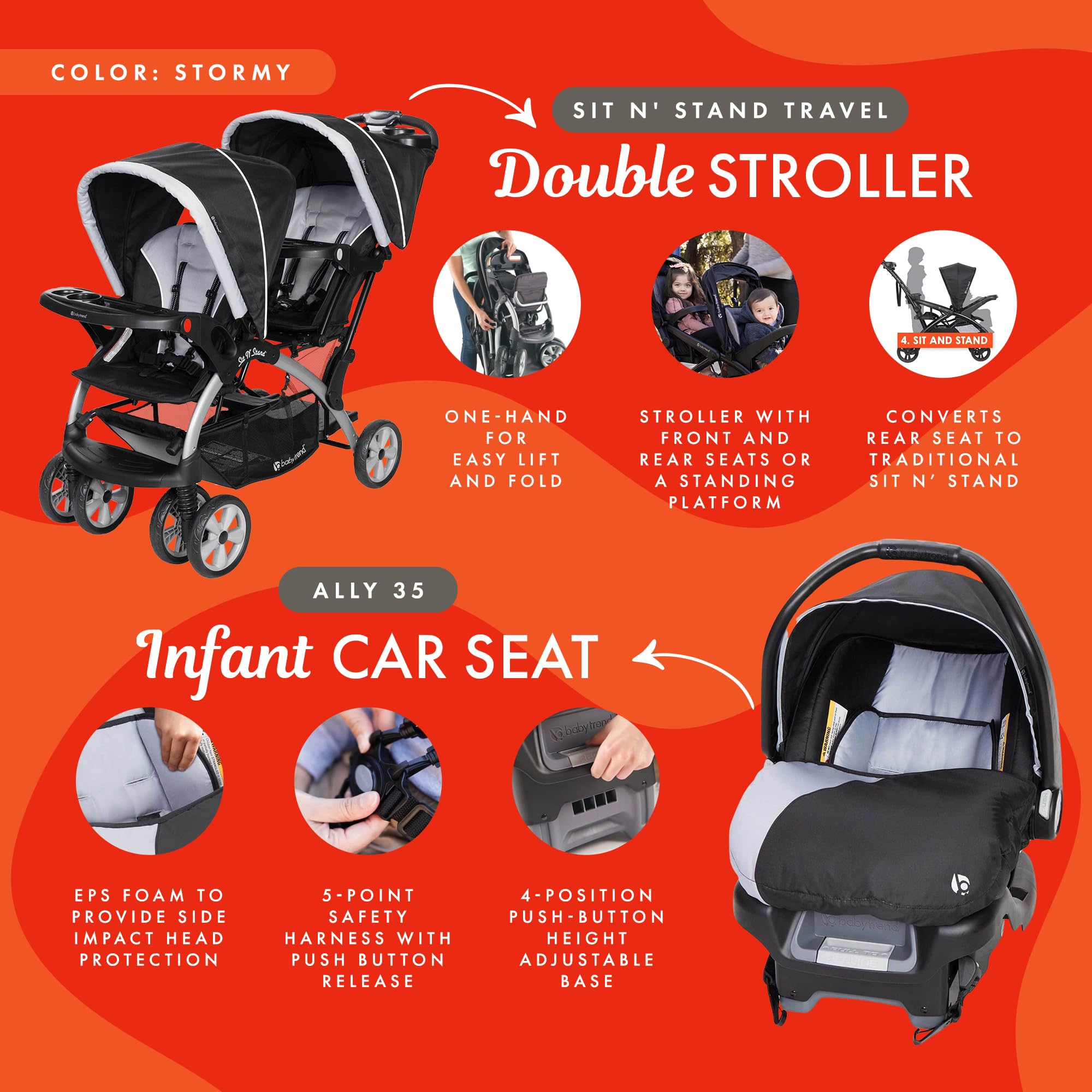 Baby Trend Double Stroller & Car Seat Combo for Infants & Toddlers - 2-Piece Travel System in Stormy | Perfect for Twins, Siblings & Daycare Outings
