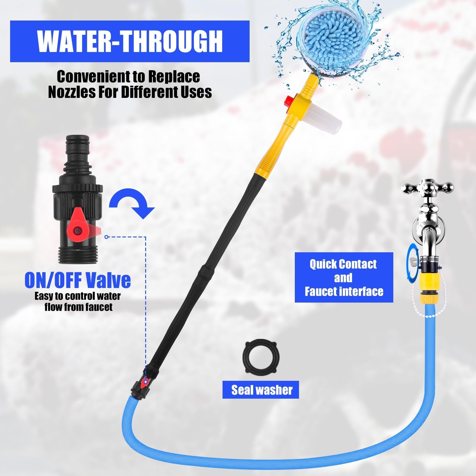 360 Degree Rotating Car Wash Brush with Handle - Detachable & Retractable Hose Attachment, Soap Dispenser - Perfect for Car, Yard, Garden & Pet Cleaning - Water-Saving Car Washing Kit for Home & Outdoor Use