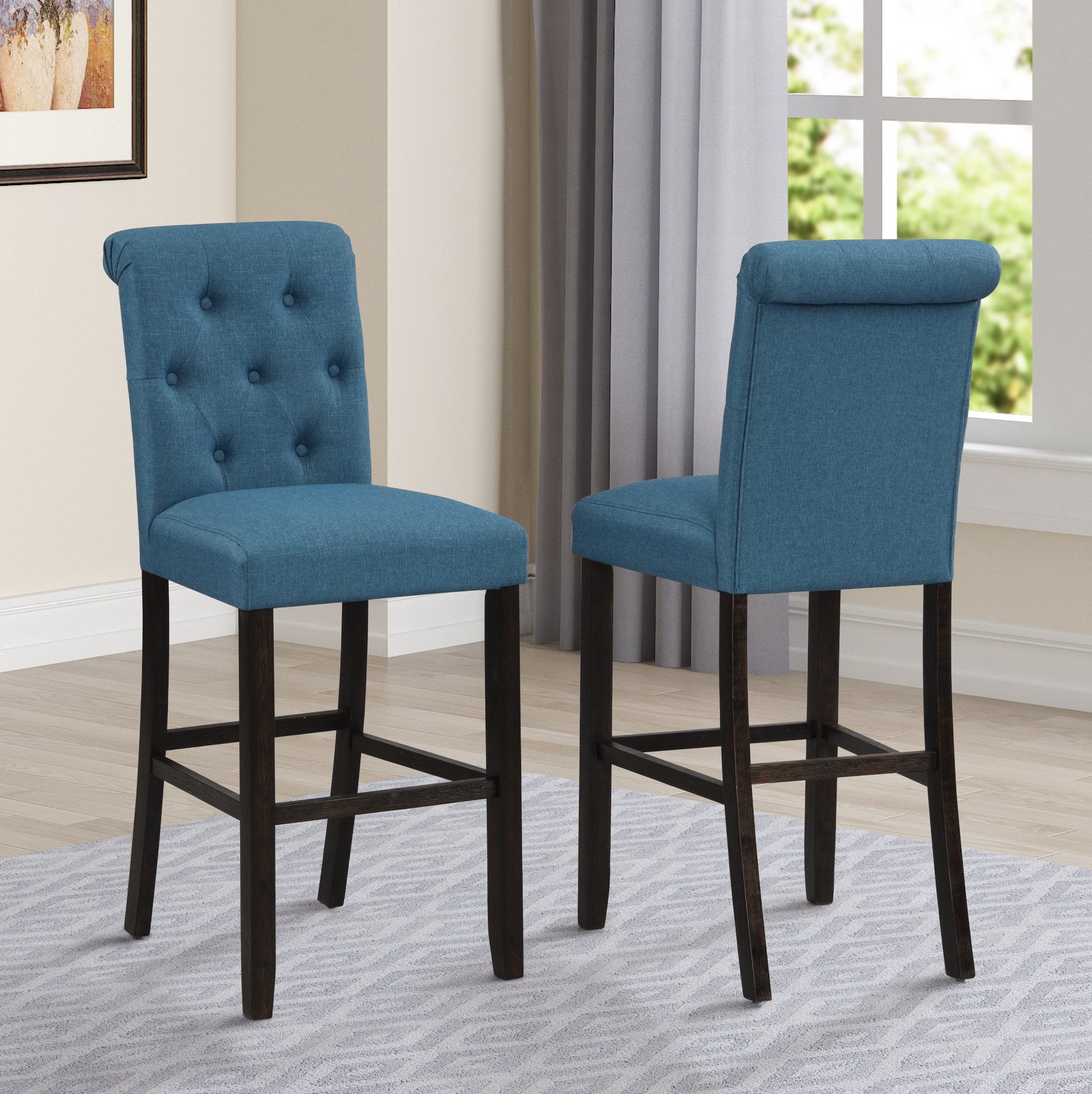 Roundhill Furniture Leviton Solid Wood Tufted Barstools - Set of 2, Navy Blue - Rustic Kitchen Island Stools for Breakfast Nook, Bar Counter or Dining Room Decor