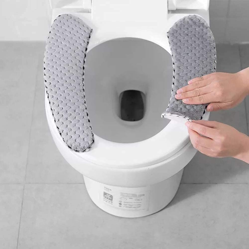 2 Pairs Plush Warm Toilet Seat Covers - Non-Slip Bathroom Cushion with Self-Adhesive Tape, Soft & Washable for Winter Comfort - Perfect for Cold Bathrooms, Elderly & Kids Use
