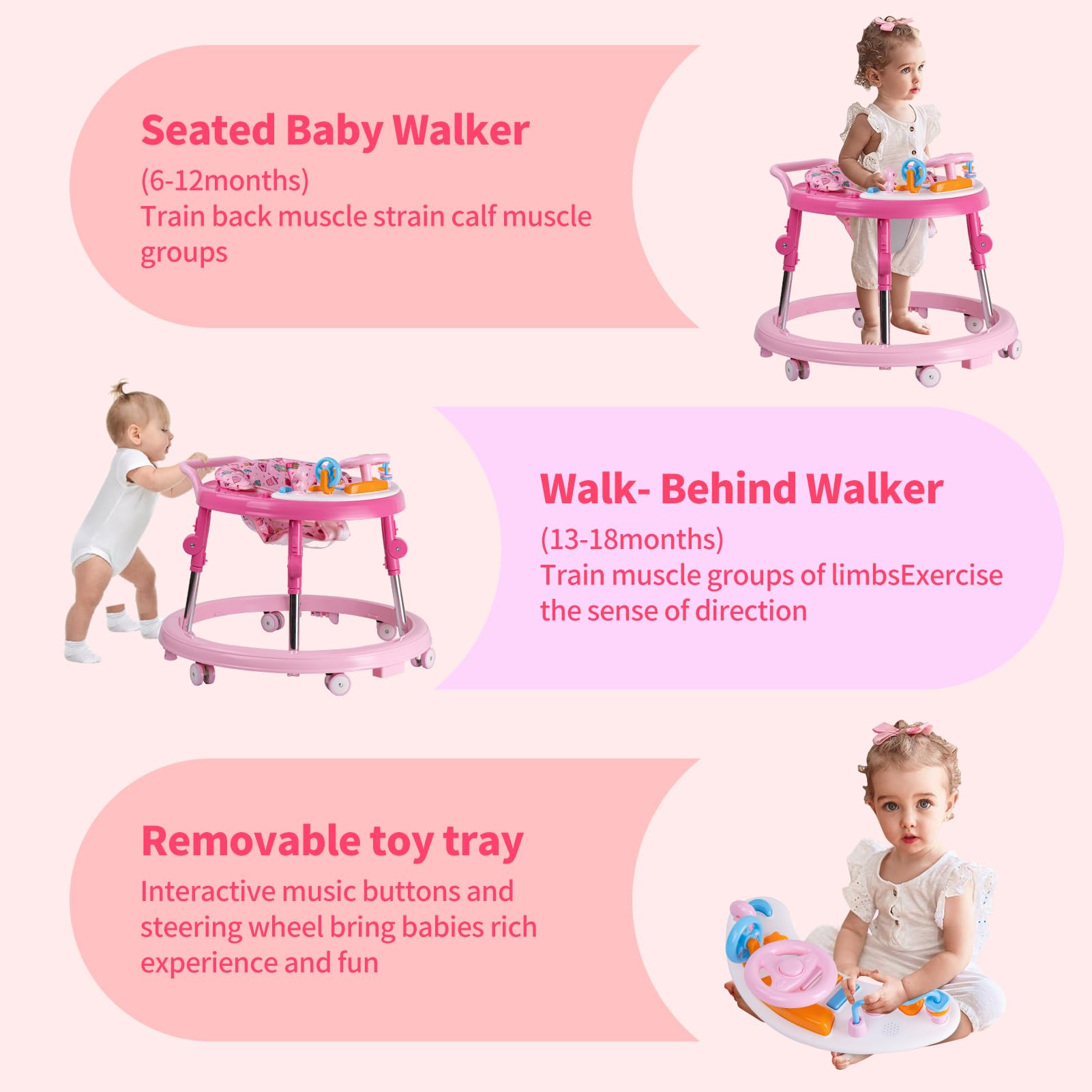 Foldable Baby Walker with Activity Center & Music - Adjustable Height (5 Levels) for Boys & Girls 6-18 Months - Includes Feeding Tray & Wheels - Perfect for Learning to Walk & Indoor Playtime