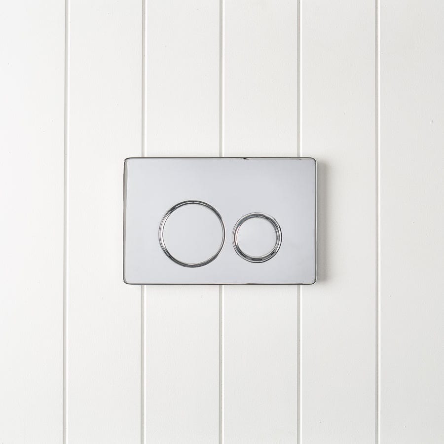 Angled In-Wall Toilet with Round Chrome Buttons - Modern Space-Saving Bathroom Solution for Small Spaces & Contemporary Homes