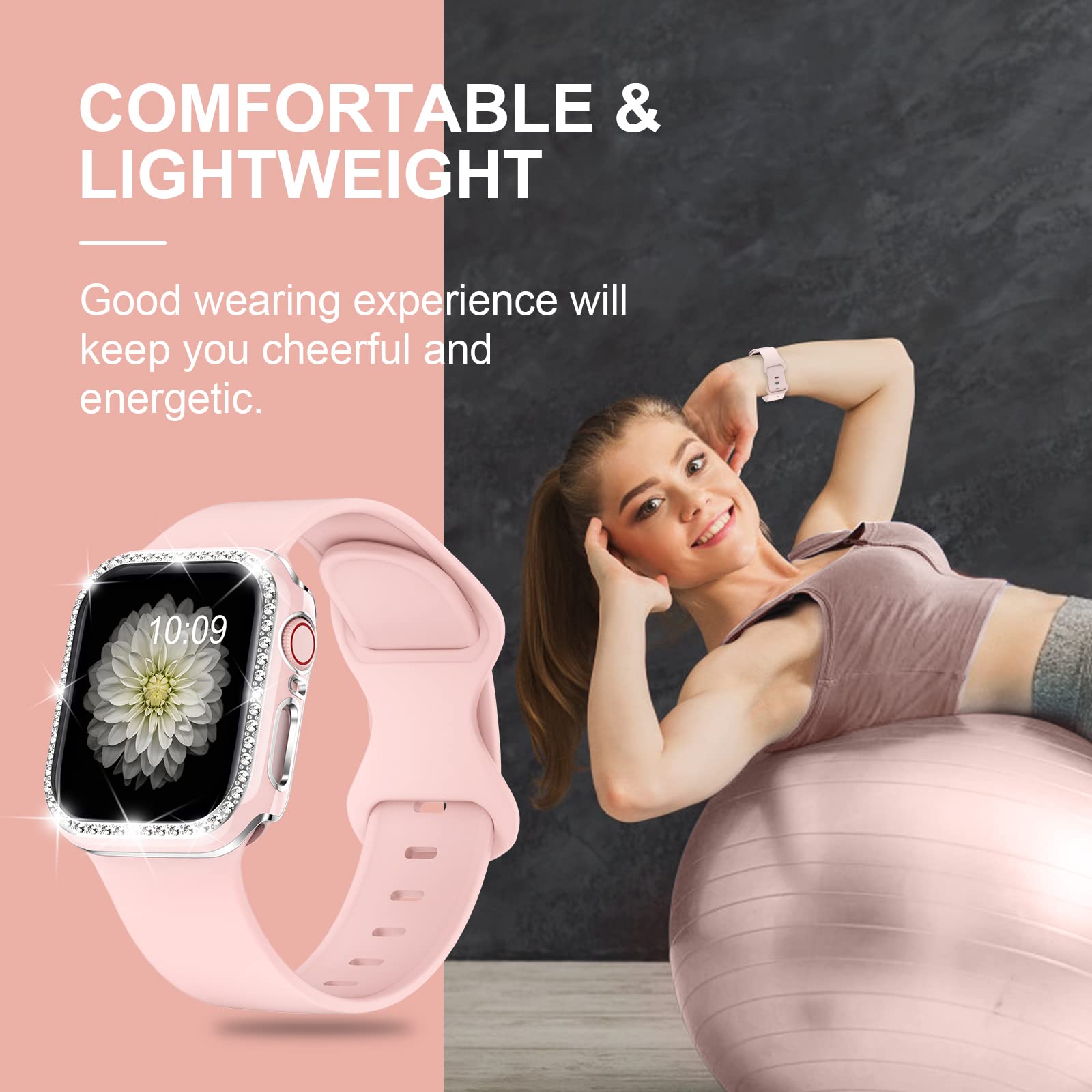 XYF Pink Glitter Apple Watch Band with Bumper Case - Compatible with iWatch SE Series 10/9/8/7/6/5/4/3/2/1 & 38mm 40mm 42mm 44mm 45mm 46mm - Soft Silicone Strap for Women - Perfect for Workouts, Daily Wear & Fashion Accessories