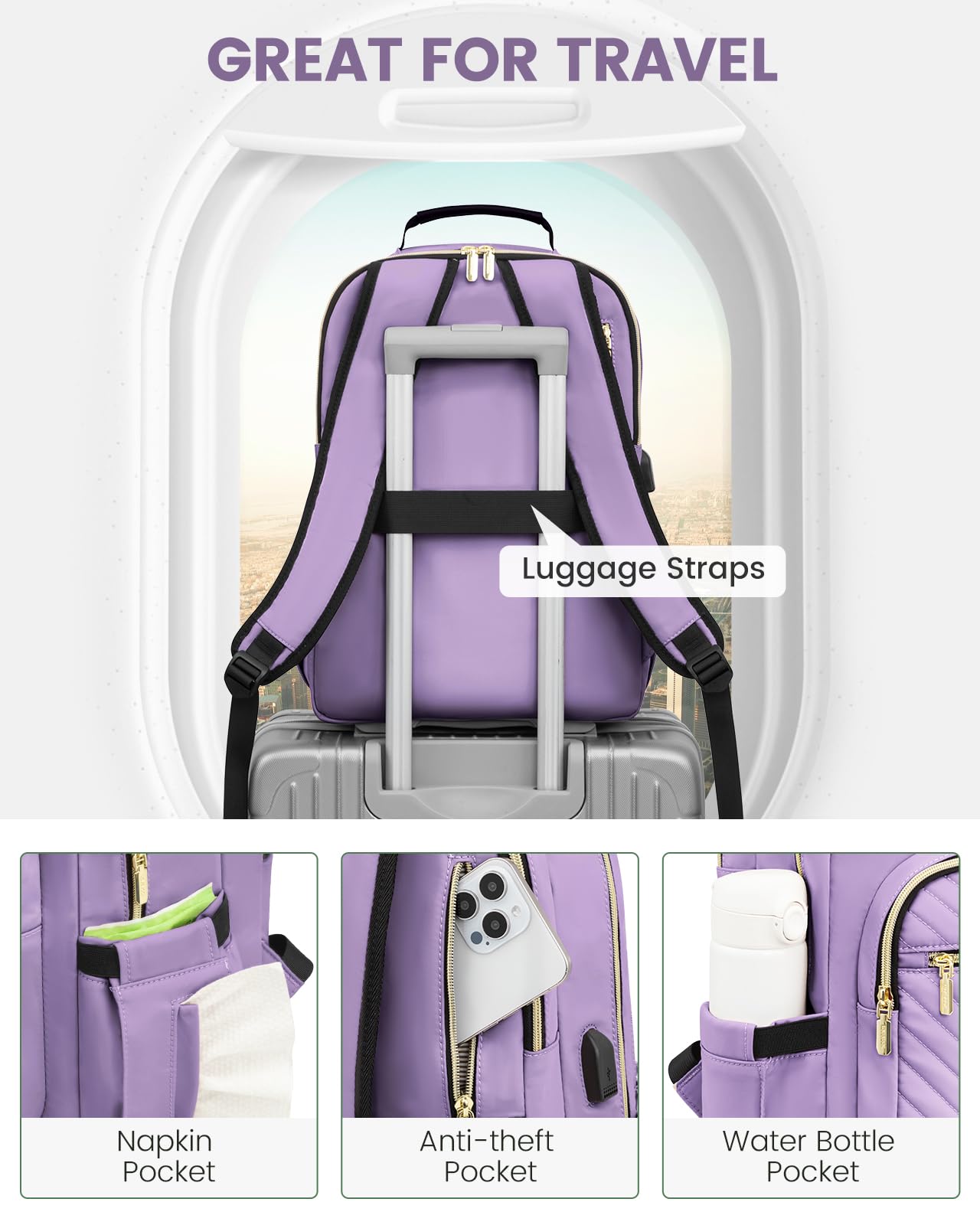 LOVEVOOK Women's Laptop Backpack Purse - Stylish Quilted Work Travel Computer Bag with USB Port, Fits 15.6 Inch Laptop - Perfect for College, School, Office & Daily Commute - Purple Daypack for Students & Professionals