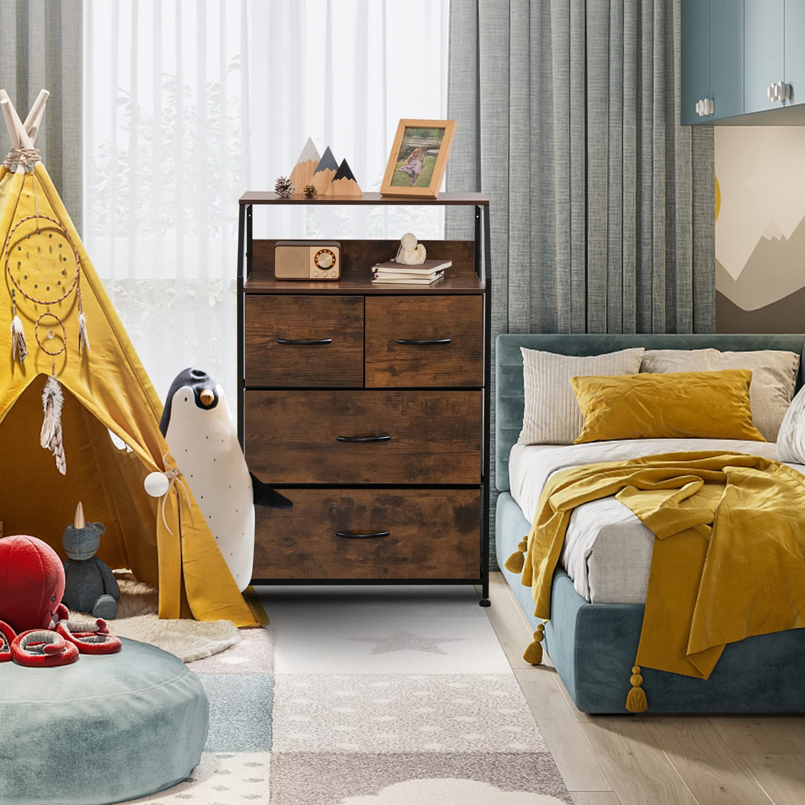 Giantex 4-Drawer Dresser Set of 2, Tall Storage Tower with 4 Foldable Fabric Drawers & Open Shelves, Solid Wood Top & Sturdy Metal Frame, Anti-Tip Design for Safety - Perfect for Bedroom, Hallway, Closet Organization & Small Space Storage Solutions