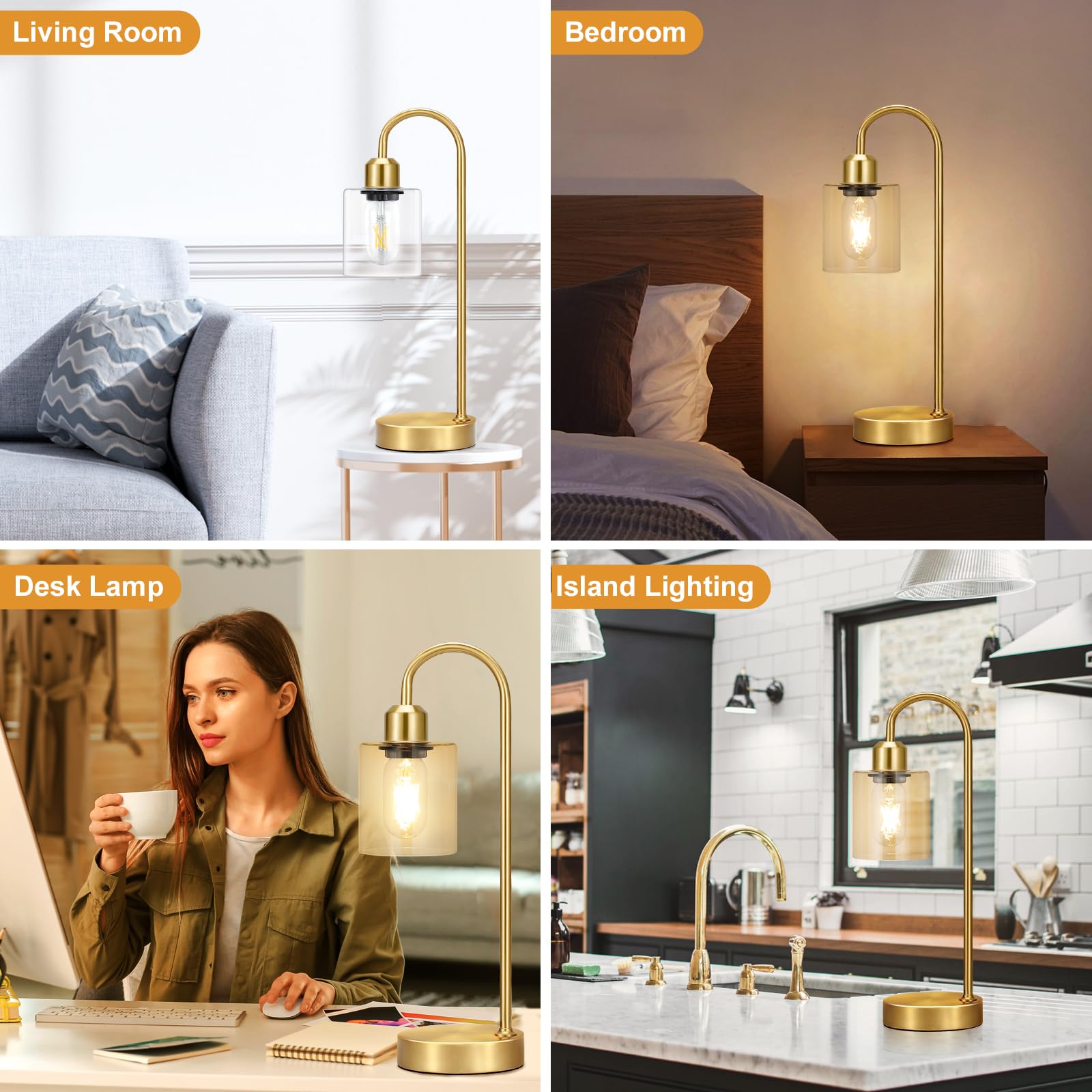 Premium Industrial Gold Table Lamps Set of 2 - 3-Way Dimmable Touch Control LED Desk Lamps with USB-C & USB-A Charging Ports, Modern Glass Shade Nightstand Lamps for Bedroom, Living Room, Office - Includes Energy Efficient LED Bulbs (Perfect for Reading, Working & Ambient Lighting)