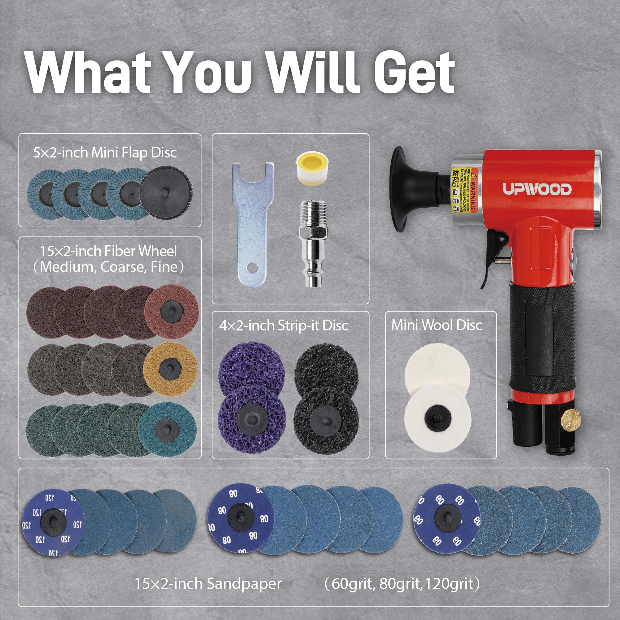 2 Inch Pneumatic Mini Orbital Sander Grinder Polisher Kit - Air Right Angle Surface Prep Tool with 41pcs Roll Lock Discs for Woodworking, Metal Polishing & Automotive Detailing