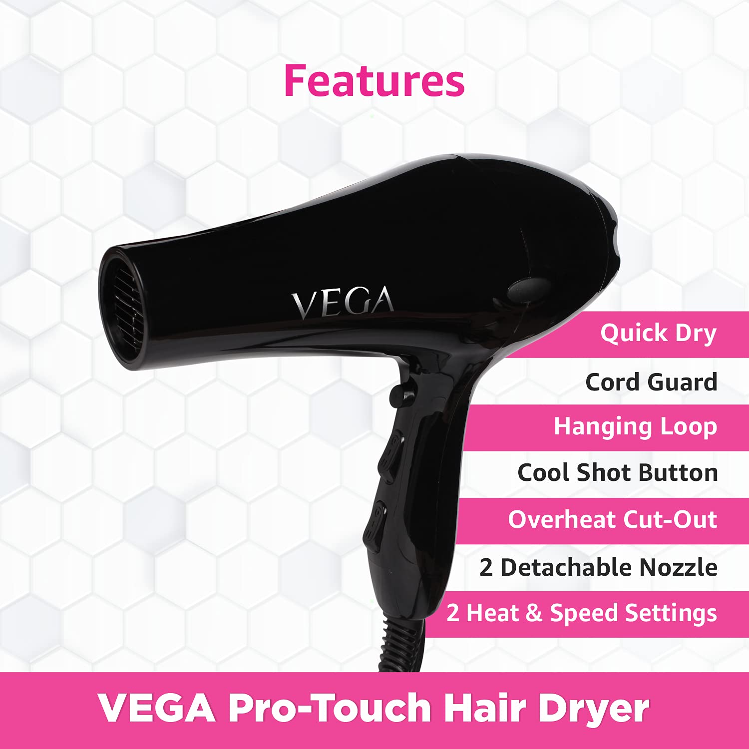 Vega Pro Touch 1800-2000W Professional Hair Dryer with 2 Nozzles, Ceramic Hair Straightener & 19mm Curling Iron - Salon Quality Styling Kit for Smooth, Shiny Hair at Home or Travel (Black)