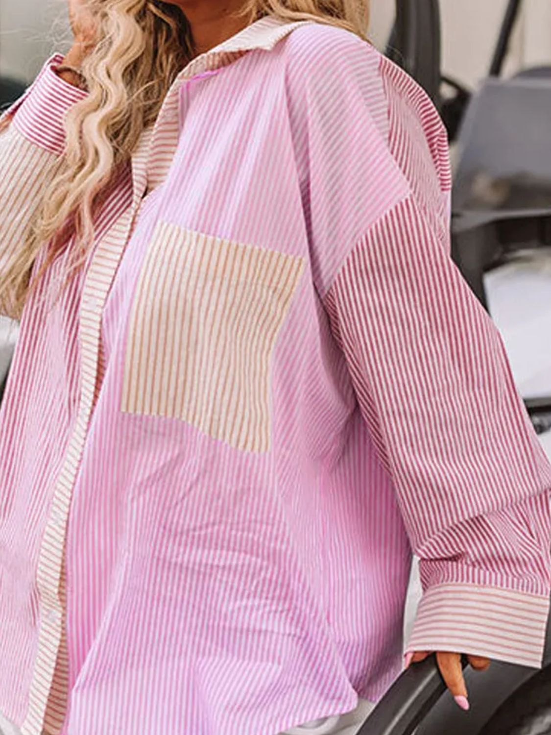 Plus Size Striped Collared Long Sleeve Shirt for Women - Casual Office Wear & Everyday Comfort