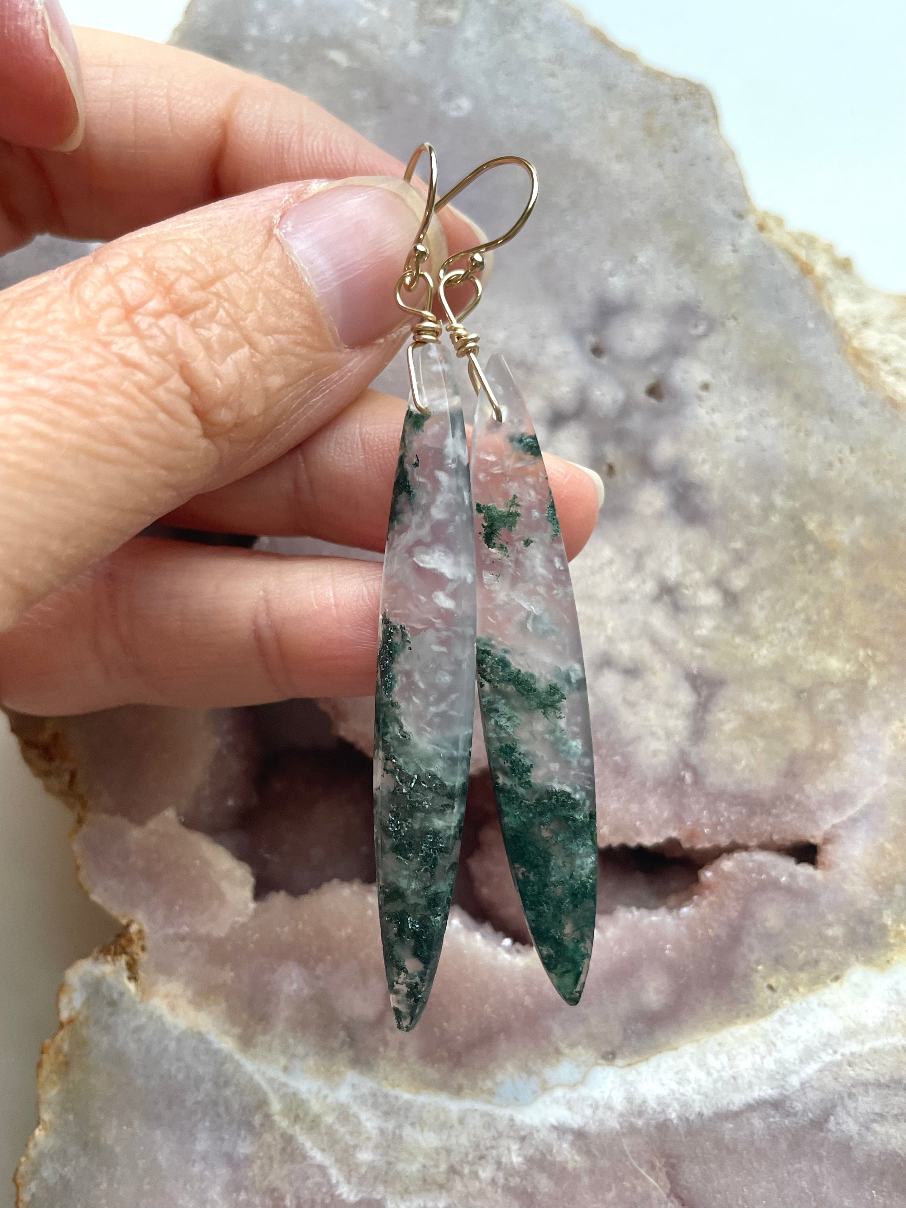 Elegant Moss Agate Dangle Earrings in Gold Fill - Perfect for Boho, Wedding & Evening Wear