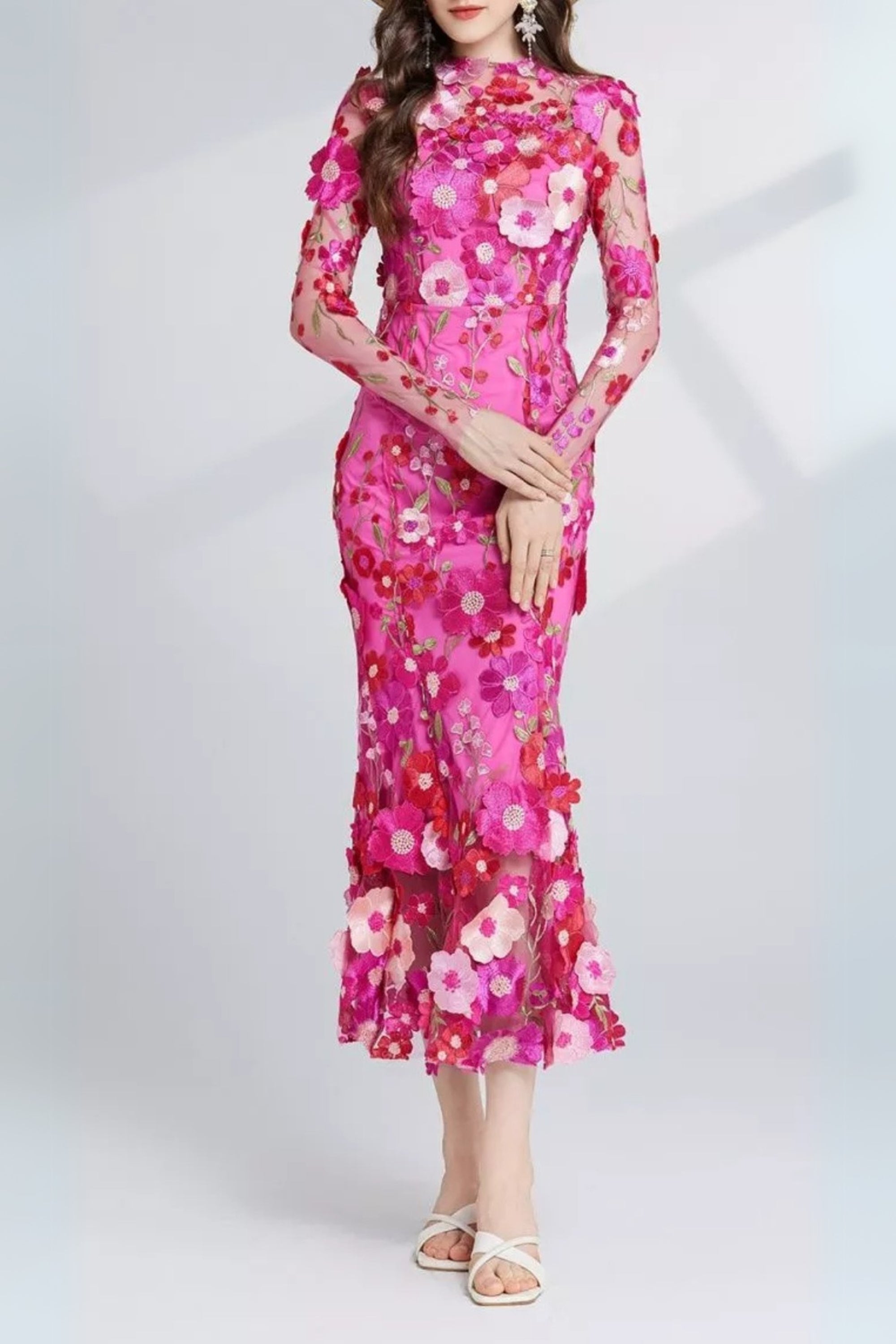 Carol Rose Red Floral Embroidered Mesh Long Sleeve Midi Dress - Elegant Party, Wedding Guest & Spring Occasion Wear