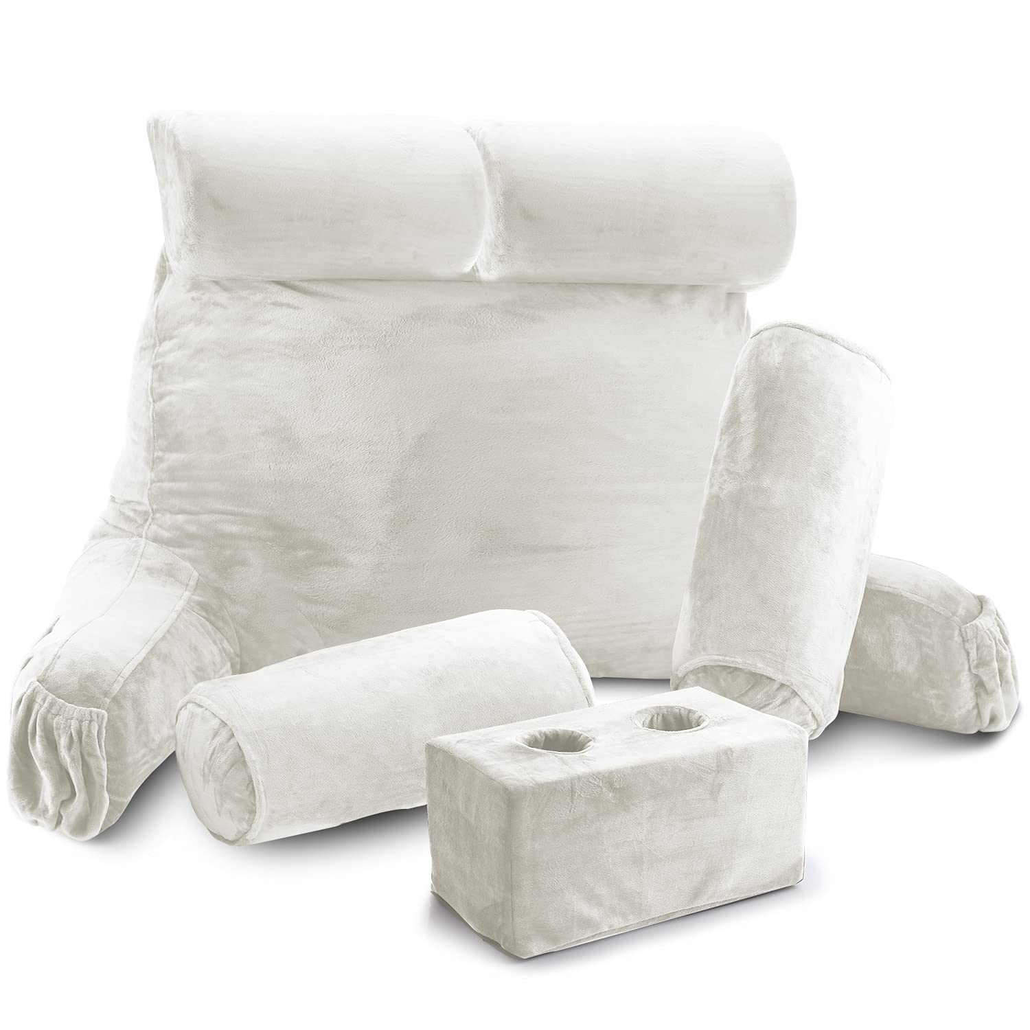 Nestle Double Reading Pillow with Arms - Shredded Memory Foam Backrest for Bed - Includes 2 Neck Roll & 2 Lumbar Support Pillows - White - Perfect for Reading, Watching TV, or Relaxing in Bed