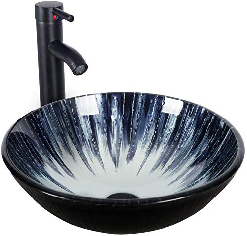 16.5 Inch Modern Bathroom Vessel Sink with Oil Rubbed Bronze Faucet & Pop Up Drain - Tempered Glass Vanity Sink Bowl Combo - Perfect for Contemporary Bathroom, Powder Room or Guest Bath Decor