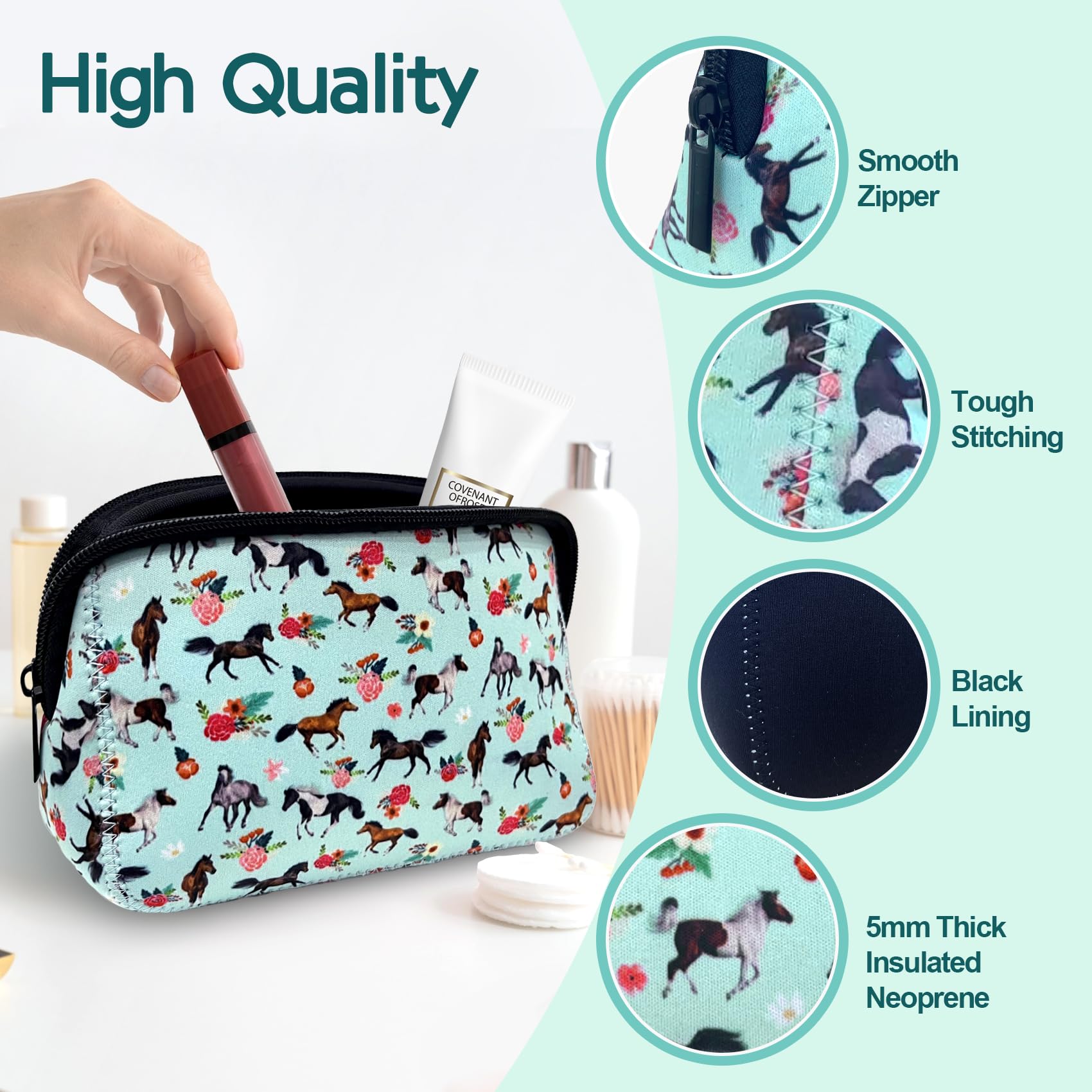 Waterproof Neoprene Makeup Bag for Women - Cute Horse Print Cosmetic Pouch with Zipper, Portable Travel Toiletry Organizer for Purse - Perfect Gift for Teacher, Mom, Sister & Girlfriend - Great for Travel, Gym & Daily Beauty Essentials