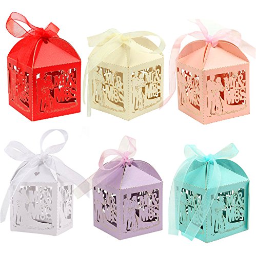 50pcs DIY Bride and Groom Wedding Candy Favor Boxes with Ribbon - Laser Cut Pearl Paper Gift Boxes for Wedding Party Decorations - Perfect for Bridal Showers, Receptions, and Anniversary Celebrations (Beige)