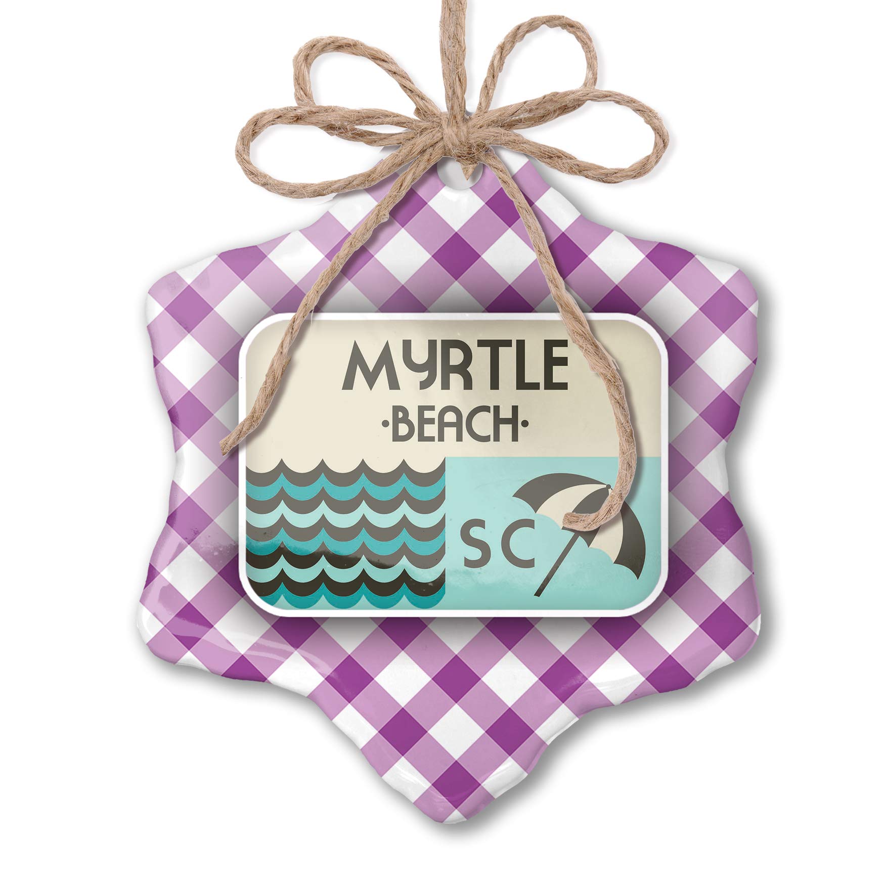 Christmas Ornament - US Beaches Vacation Themed Myrtle Beach Purple Plaid Holiday Decoration | Perfect for Tree Decor, Gift Giving & Coastal Home Decor