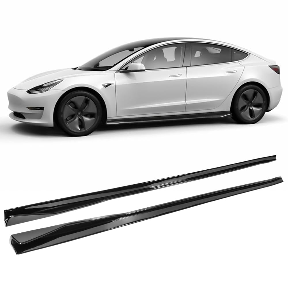 IKON MOTORSPORTS Gloss Black PP Polypropylene Side Skirts for 2017-2025 Tesla Model 3 - Left & Right Side Body Kit Extension | Enhance Style & Aerodynamics for Street & Track Performance