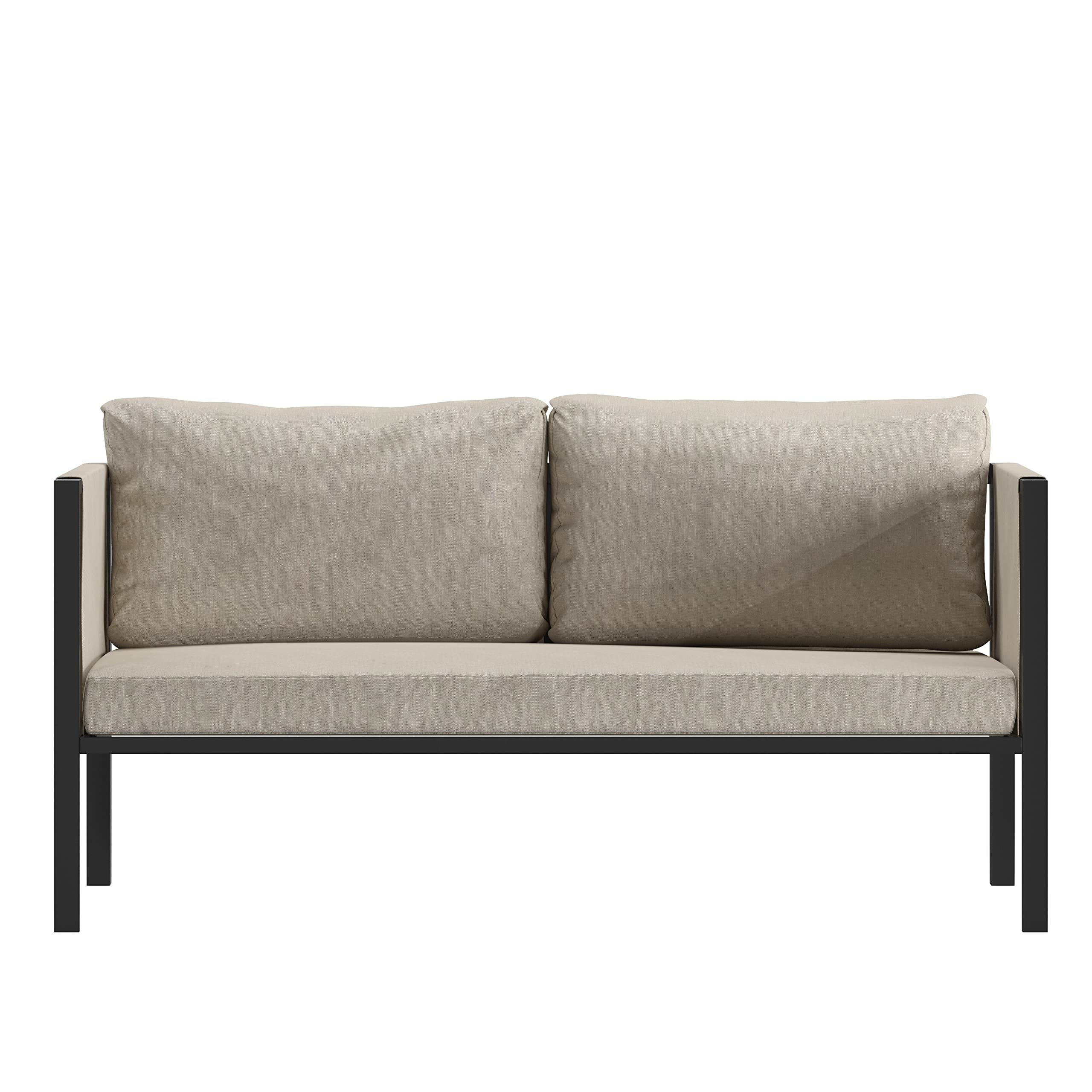 Flash Furniture Lea Indoor/Outdoor Loveseat with Cushions - Modern Steel Frame 2-Seater Sofa with Storage Pockets, Black with Beige Cushions - Perfect for Patio, Deck, Balcony & Small Space Living