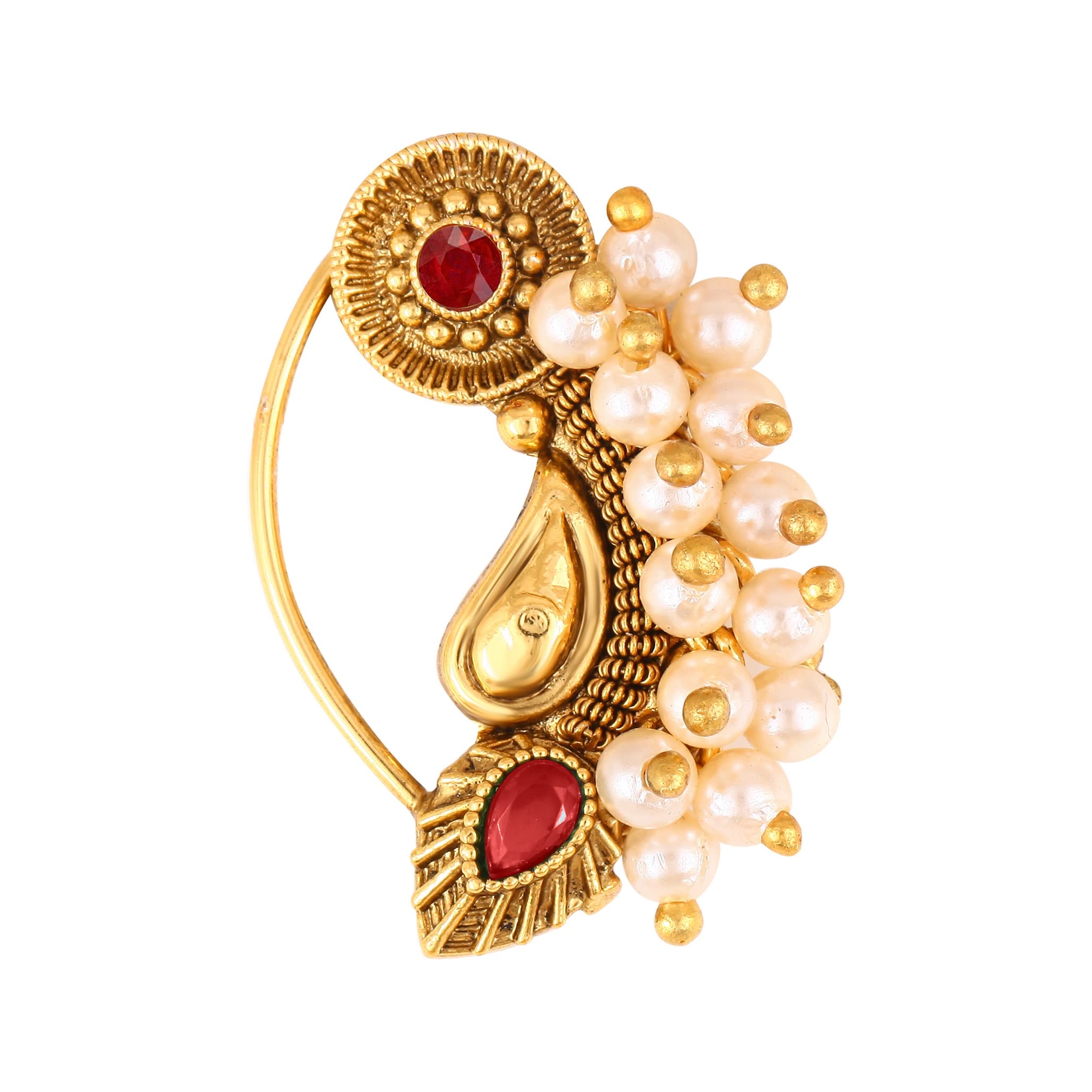 Vighnaharta Gold Plated Pearl Alloy Nose Ring with Artificial Stones - Traditional Maharashtrian Nathiya Non-Piercing Nose Pin | Valentine's Day Gift for Her, Women's Jewelry, Indian Ethnic Accessory [VFJ1202NTH-Press-Red] | Perfect for Weddings, Festivals & Cultural Events