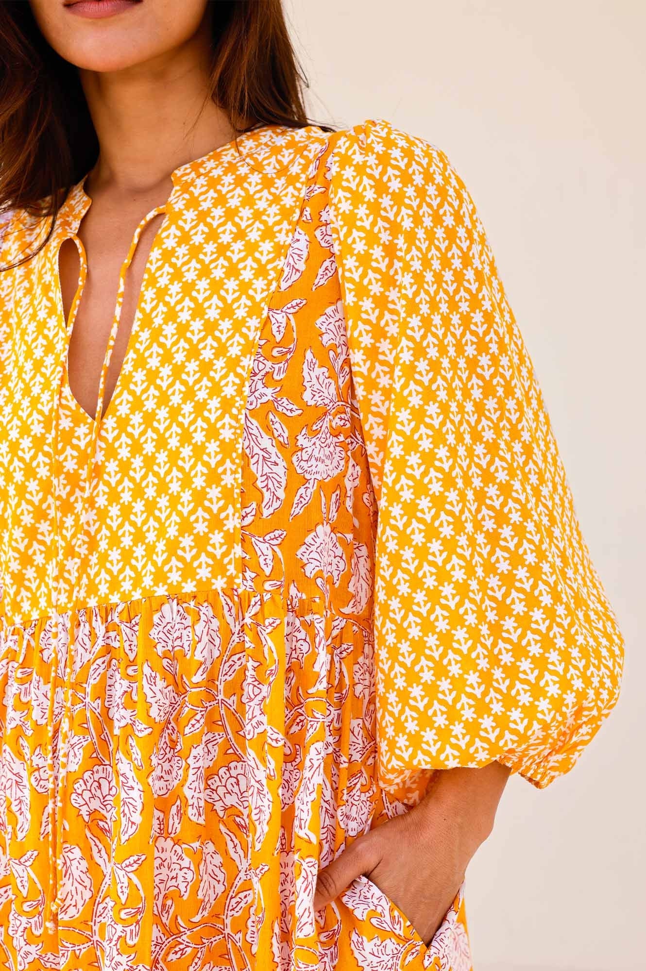 Martha Organic Cotton Mix Print Dress | Dianthus Print Yellow/White Floral Summer Dress for Women - Perfect for Beach Vacation, Garden Party & Casual Outings