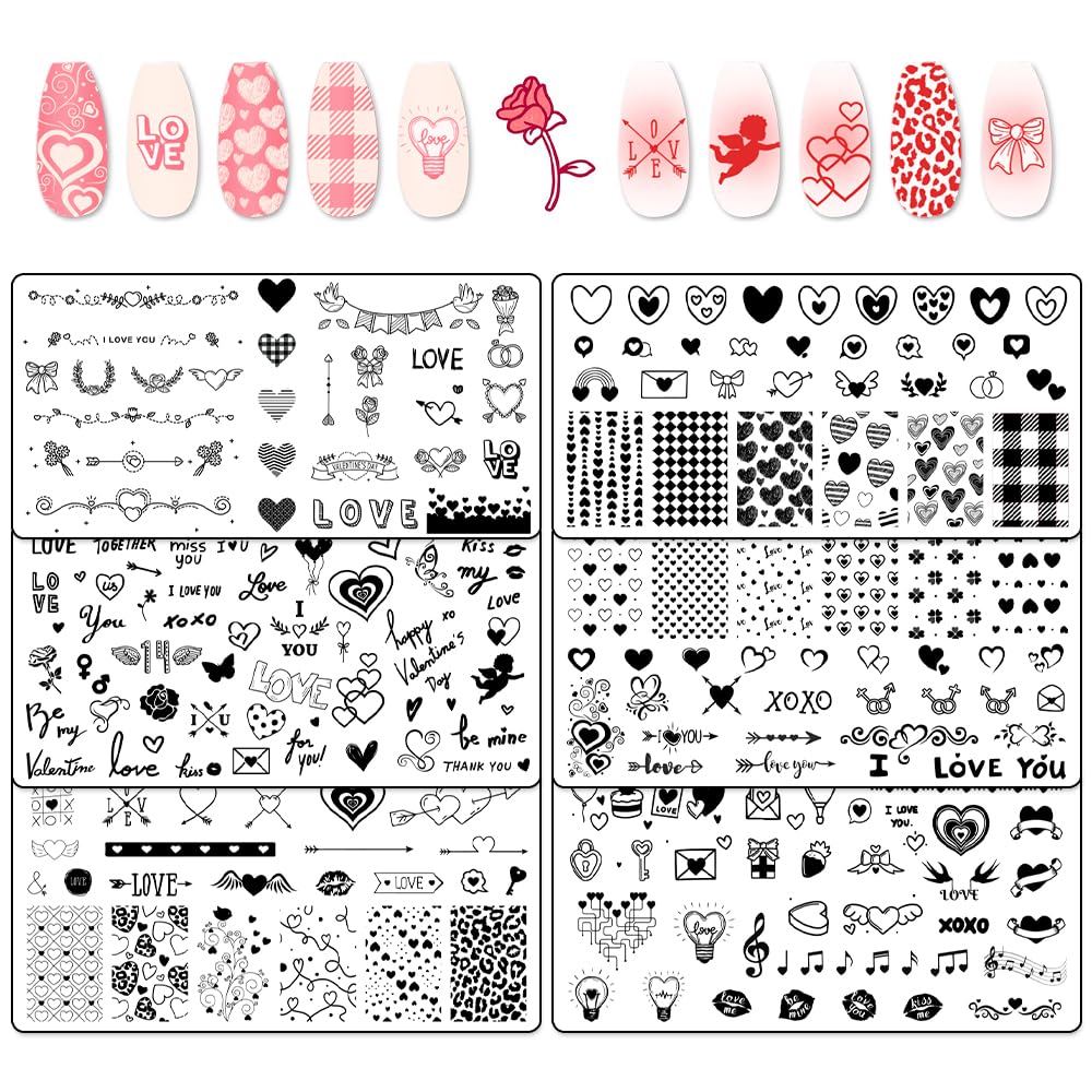 6pcs Valentine's Day Nail Stamping Plates Set - Stainless Steel Heart Romantic Nail Art Templates for DIY Manicure | Perfect for Valentine's Gifts, Date Night, Bridal Shower & Romantic Nail Designs