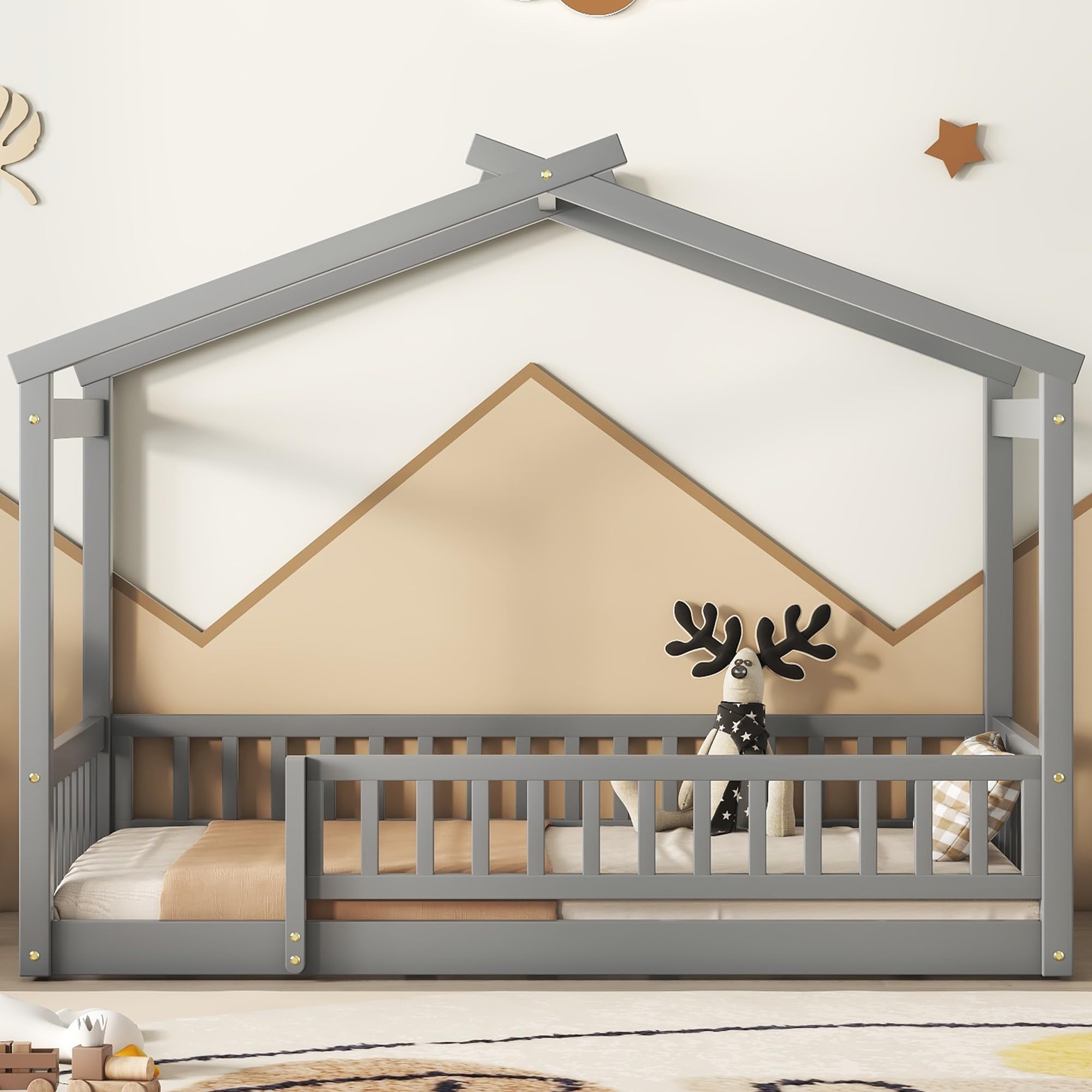 Montessori Twin Size House Bed with Fence Railings - Solid Wood Floor Bed Frame for Kids, Playhouse Bed for Boys & Girls in Gray - Perfect for Bedrooms, Playrooms & Montessori Learning Spaces
