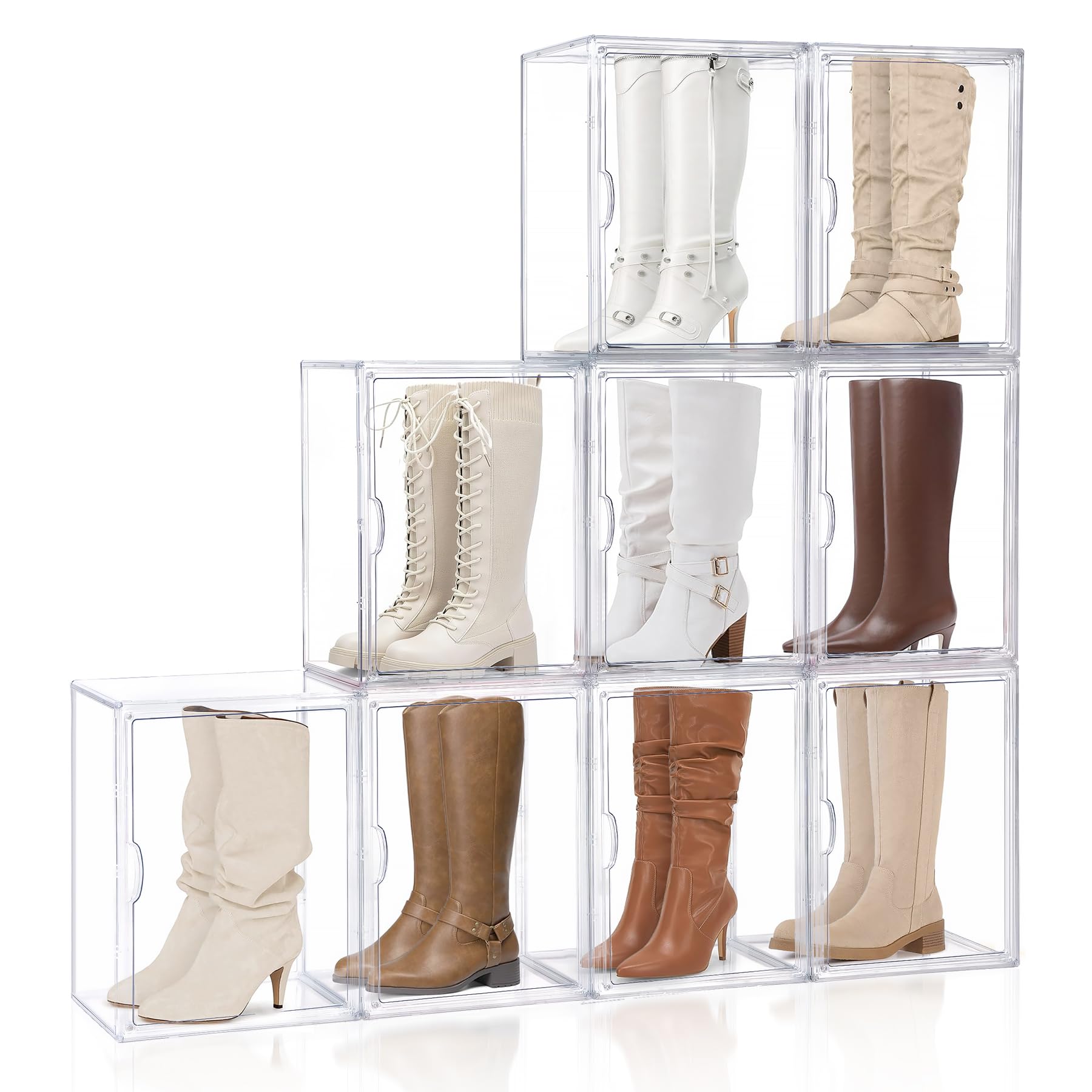 MMBABY 9-Pack Clear XX-Large Acrylic Shoe Storage Boxes with Adjustable Dividers - Stackable Boot Organizers with Magnetic Lids for Sneakers, Heels & Boots Display - Perfect for Closet, Bedroom & Entryway Organization