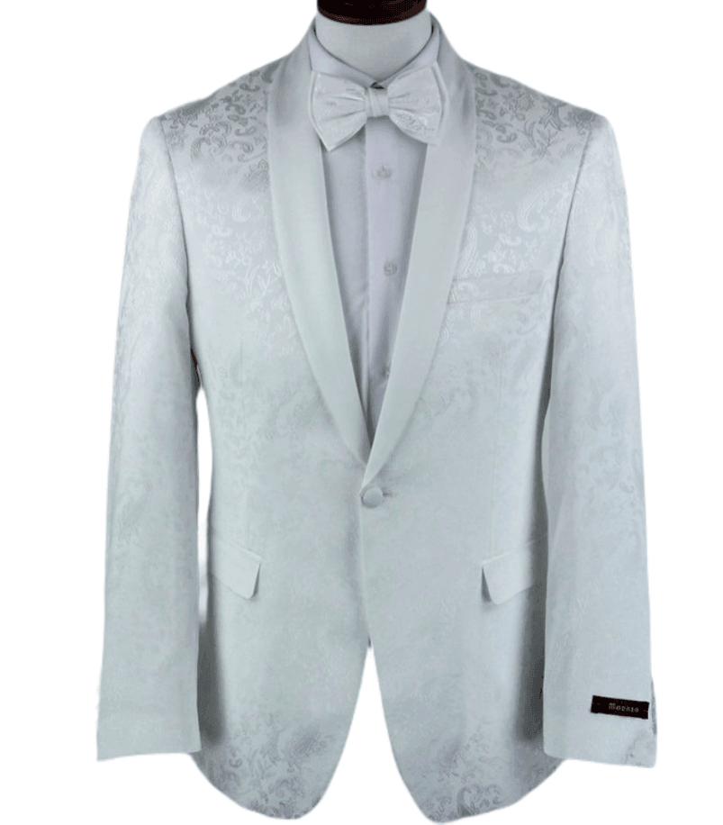 Elegant Slim Fit Shawl Lapel Dinner Jacket - White Paisley Pattern Formal Blazer for Men | Perfect for Weddings, Proms & Black Tie Events