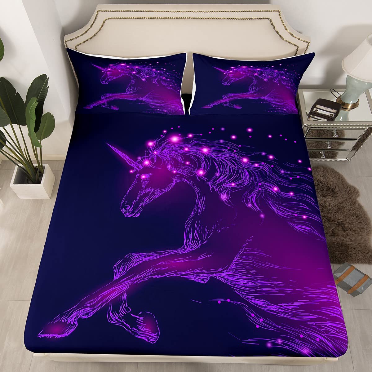 Glowing Unicorn Fitted Sheet Set for Girls - 3 Piece Purple Twinkling Stars Bedding (1 Fitted Sheet + 2 Pillowcases) - Soft Polyester Queen Size Bed Sheets - Perfect for Kids' Room Decor, Birthday Gifts & Fantasy Themed Bedrooms