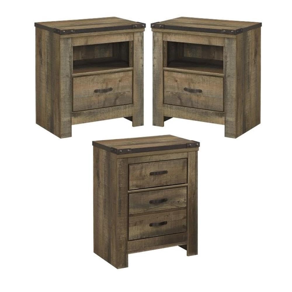 Brown Wood Nightstand Set - 2 Drawer Night Stand & Matching 3-Piece Bedroom Furniture | Perfect for Master Bedroom, Guest Room & Apartment Decor