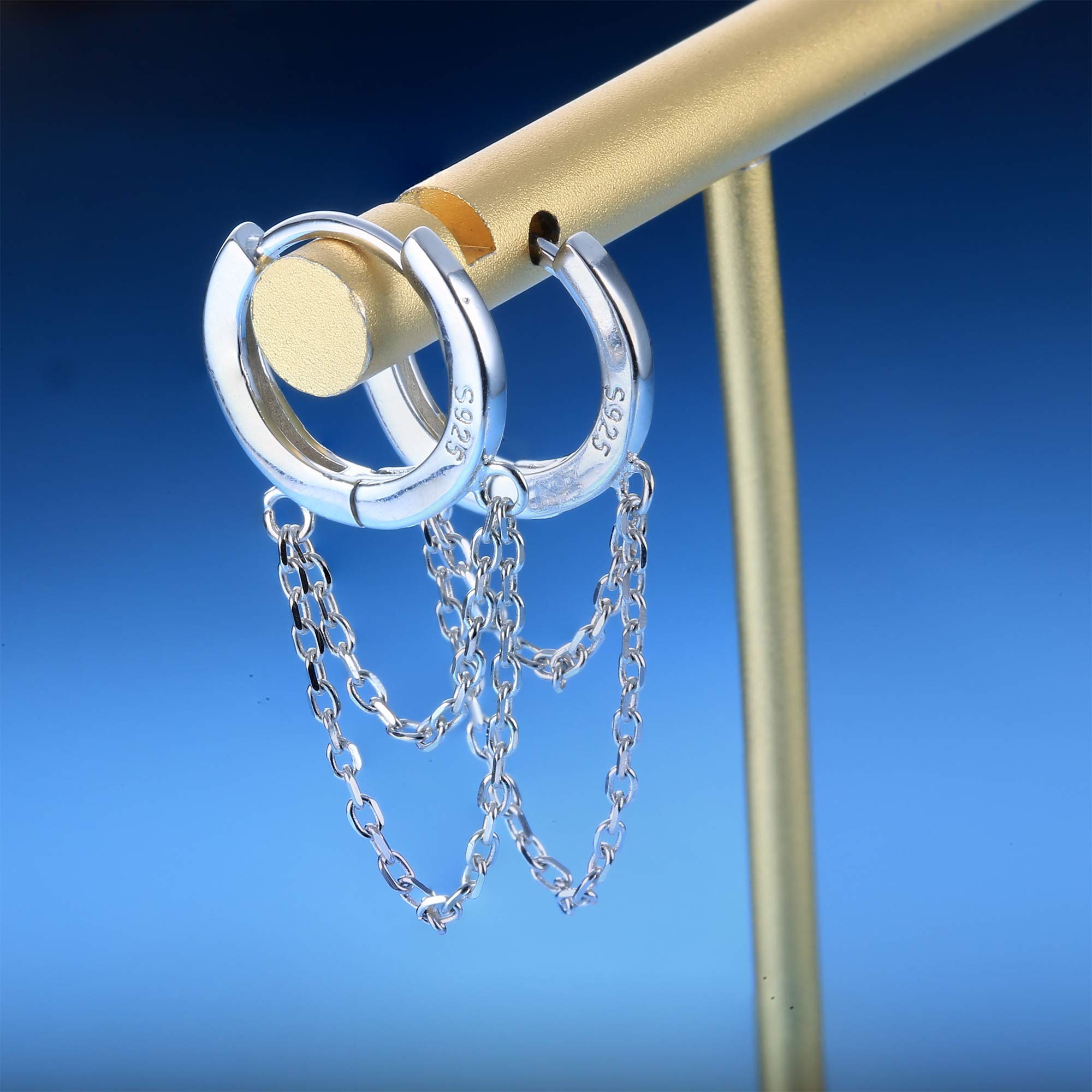 KRFY 925 Sterling Silver Hoop Earrings for Women - Minimalist Cartilage Huggie Hoops with Tassel Chain Dangle - Small Drop Chain Earrings in Silver | Perfect for Everyday Wear, Parties & Gifts