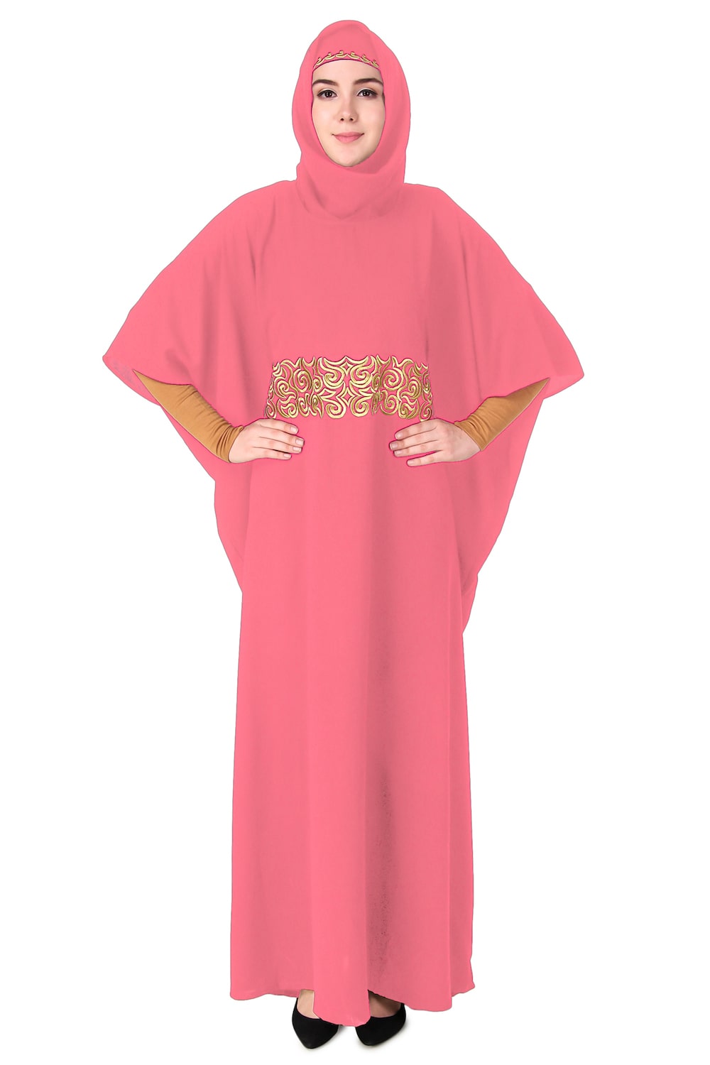Handmade Gold Embroidered Waist Accent Kaftan Dress - Elegant Beach Cover Up & Boho Chic Homewear for Women