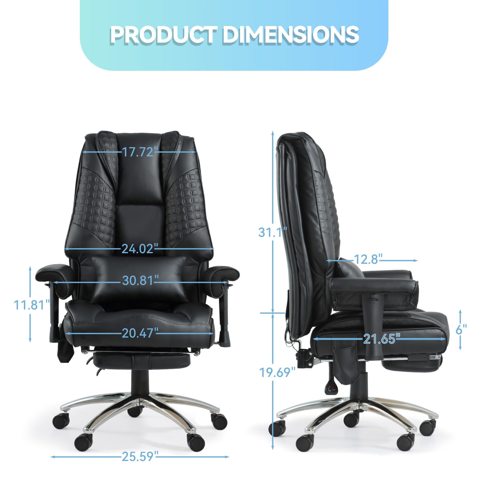 Big and Tall Office Chair with 6-Point Massage & Heating - Ergonomic Reclining Executive Chair with Lumbar Support for Home & Office Workspace Comfort