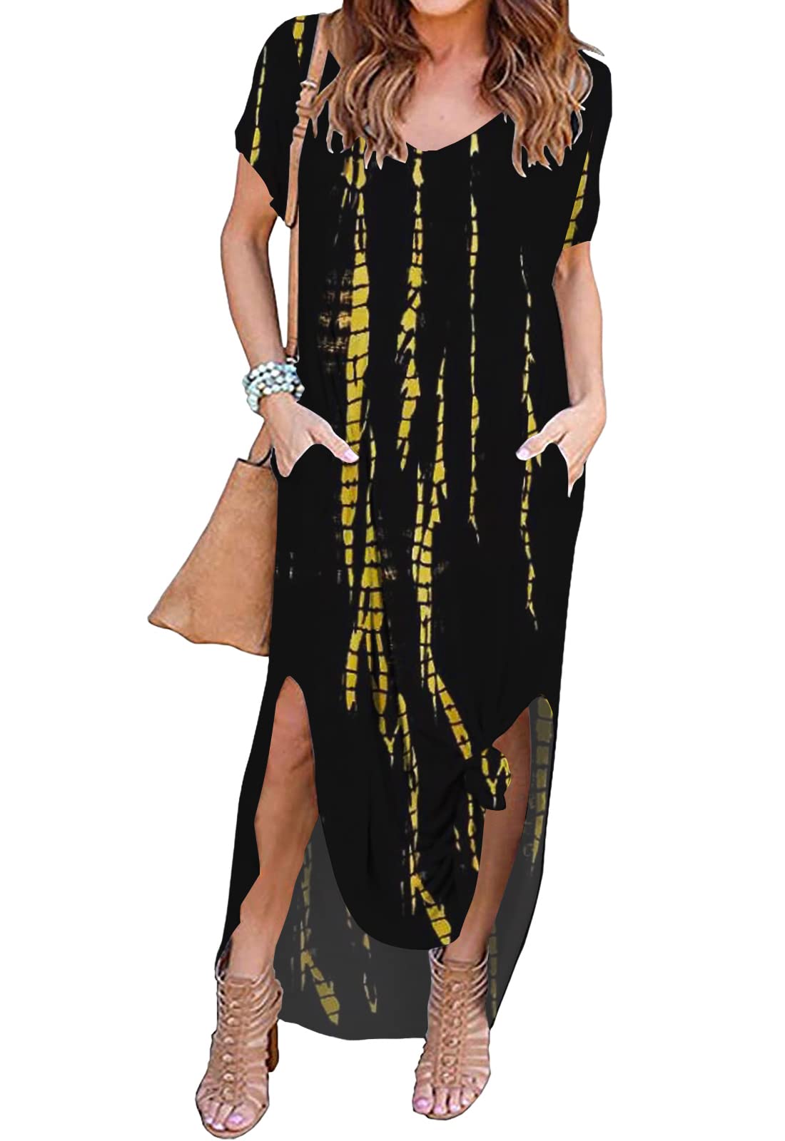 Kancystore Women's Summer Long Maxi Dress - Casual Short Sleeve Beach Dress with Side Slit & Pockets | Perfect for Vacation, Poolside, and Outdoor Parties