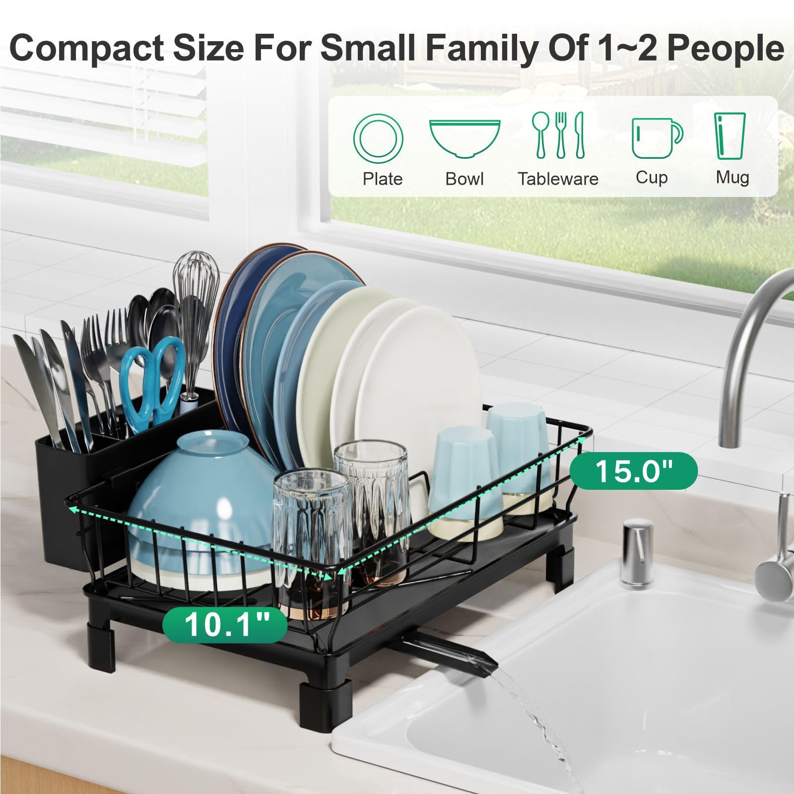 GSlife Compact Dish Drying Rack for Small Kitchens & RVs - Space-Saving Sink Drainer with Drainboard, Utensil Holder & Dish Organizer (15