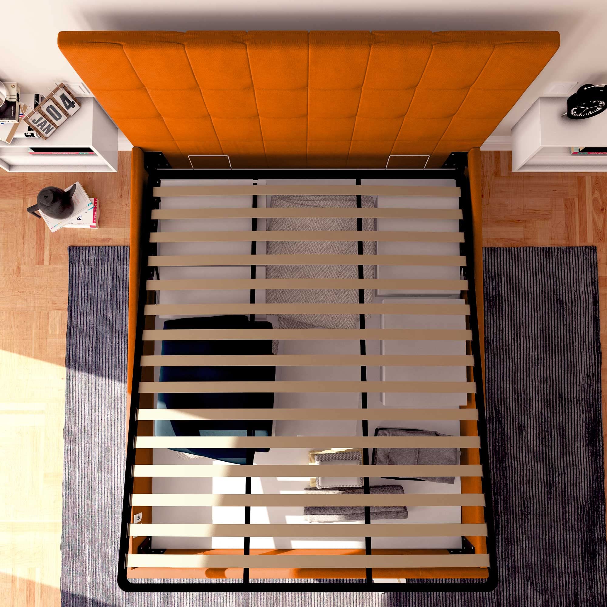 Baldiflex Single Bed with Storage - Dublin Model Synthetic Leather Upholstery, Slatted Base for Single Mattress, 120 x 200 cm, Elegant Headboard, Orange Color - Perfect for Small Bedrooms, Guest Rooms & Studio Apartments