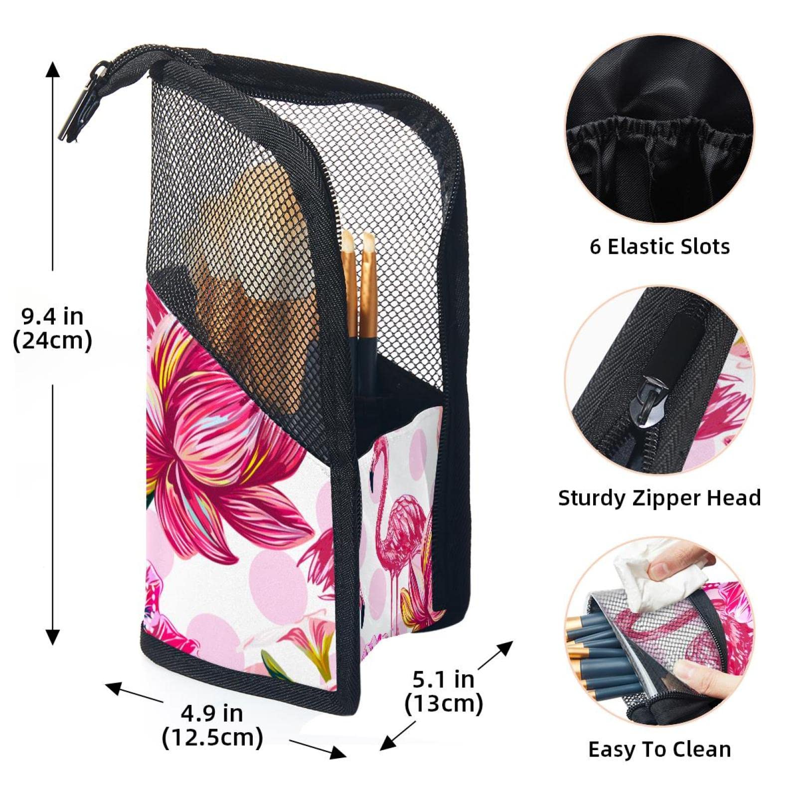 12-Piece Makeup Brush Organizer Bag with Pink Flamingo & Tropical Flower Design - Portable Cosmetic Brush Holder Case for Travel, Home & Professional Makeup Artists