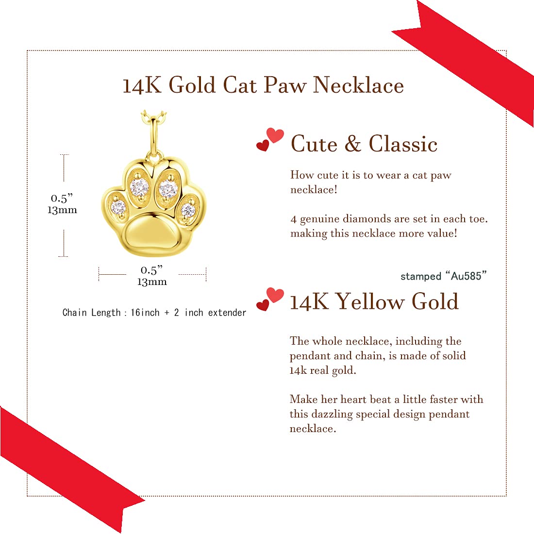 14K Solid Yellow Gold Cat Paw Necklace & Stud Earrings Set with Genuine Diamonds - Hypoallergenic Dog Paw Jewelry for Women - Perfect Gift for Pet Lovers, Birthday, Anniversary & Everyday Wear